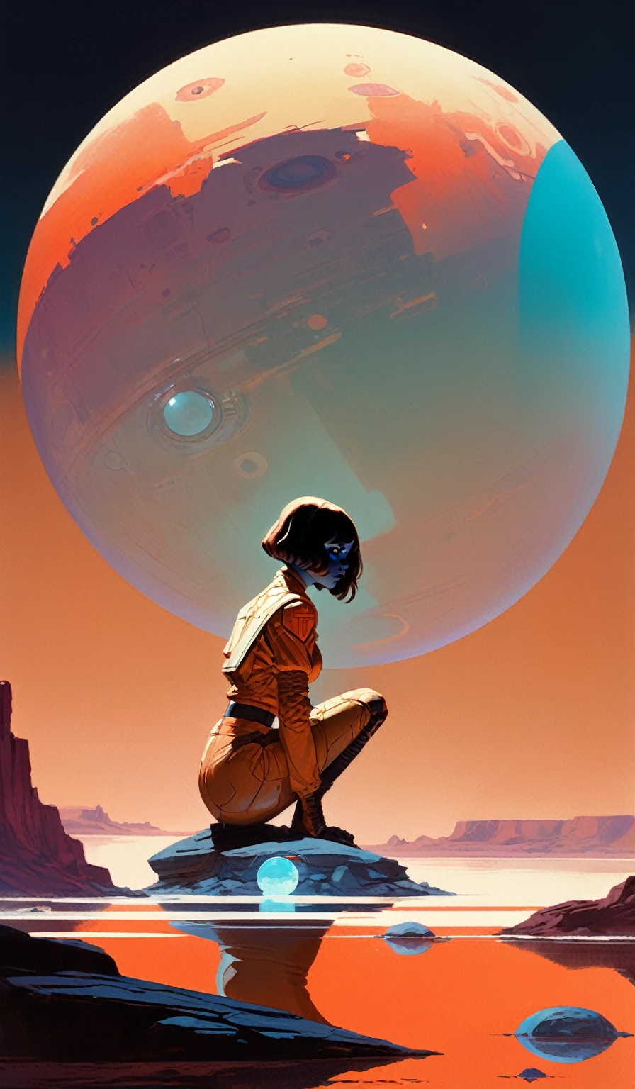 concept art by syd mead by James Gilleard
poster of 1girl
looking at viewer,
reflection,
 sitting on a rock of mars
Emphasize eerie atmosphere, high contrast, and interplay of shadow and light. Include colorful,
gothic horror 
[(details:1.2): [ (many small details:1.3) : [ (many ultrasmall details: 1.2):(very detailed ultrasmall edges and microrelief:1.5):0.7 ]: 0.4 ] :0.2]