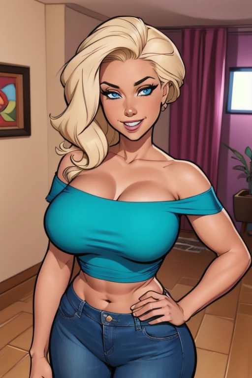 housewife woman, milf, age 45, 8k (High definition), blue eyes, beautiful smiling, seducing gaze, wearing a pink tank top((with off-the-shoulder neckline)), blue mom jeans, Caucasian skin, arms positioned at the side of the body, long straight light blonde hair ((at shoulder height)), standing hands on her hips, at the table ((upper body)), curvy, tall, thick slightly muscular body, wide hips, big round breasts, holding her cleavage in her hands. High-quality Marvel style, frontyard backround.