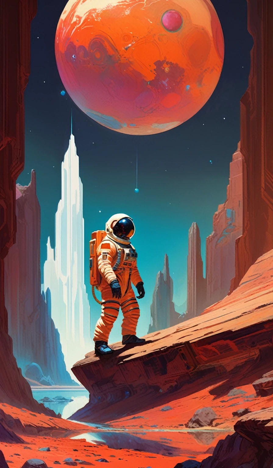 concept art by syd mead by James Gilleard
poster of 1scientist in space suit,
looking at viewer,
reflection,
 sitting on a rock of mars
Emphasize eerie atmosphere, high contrast, and interplay of shadow and light. Include colorful,
gothic horror 
[(details:1.2): [ (many small details:1.3) : [ (many ultrasmall details: 1.2):(very detailed ultrasmall edges and microrelief:1.5):0.7 ]: 0.4 ] :0.2]