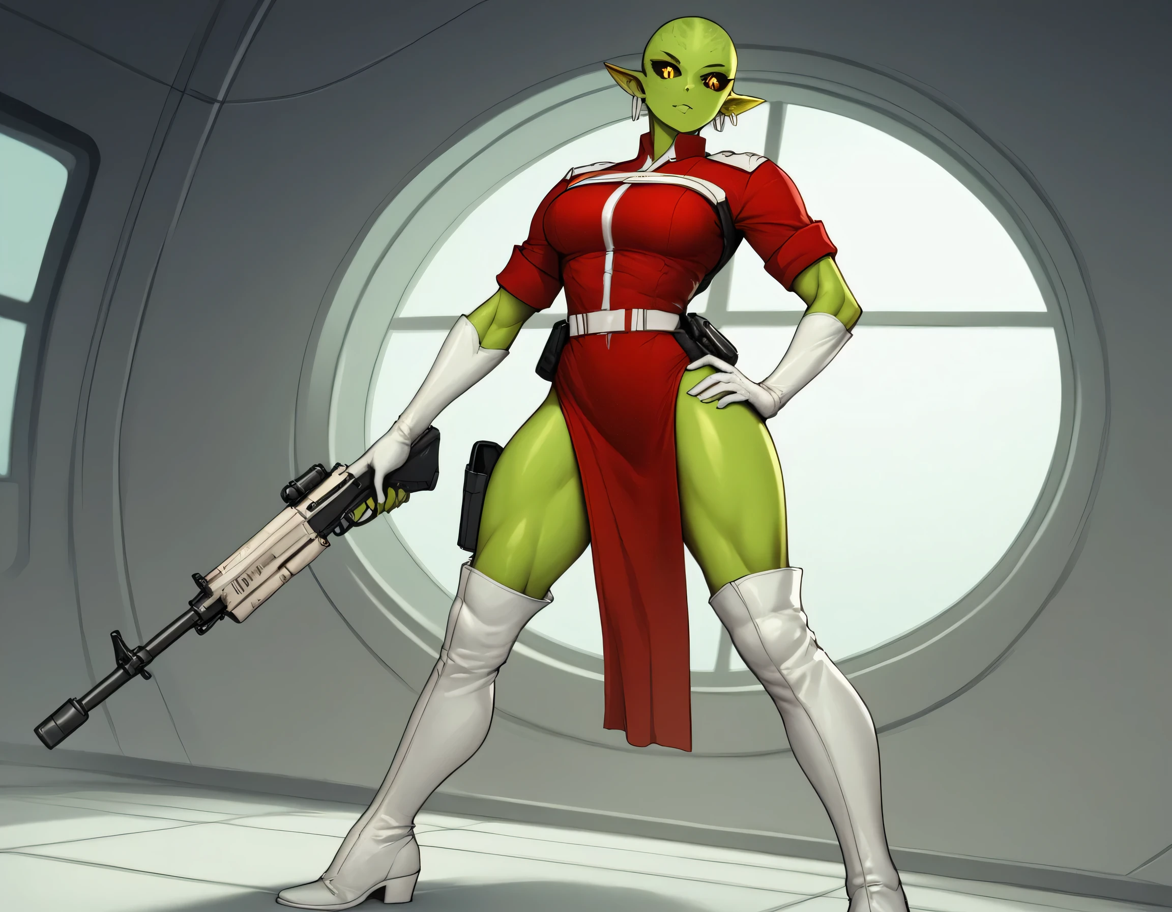 (((Solo))), score_9,score_8_up,score_7_up, alien girl, monster girl, slit pupils, yellow pupils, black sclera, green skin, pointy ears, bald, hourglass figure, (((1girl))), medium breasts, athletic, (((red sci-fi uniform with white accents))), (((red uniform))), (((white leather knee-high boots))), (((red side-slit thigh-length skirt))), cleavage cutout, ((((in a spaceship)))), tall, freckles on face, dommy mommy, terse expression, high cheekbones, standing by window, hairless, no eyebrows, no eyelashes, (((view of cosmos through window))), (((white leather elbow-length gloves))), dutch angle, small golden earrings in ear lobes, ((((no eyebrows)))), (((holster on left thigh))), (((one hand on hip))), glass space helmet, (((trigger discipline)))