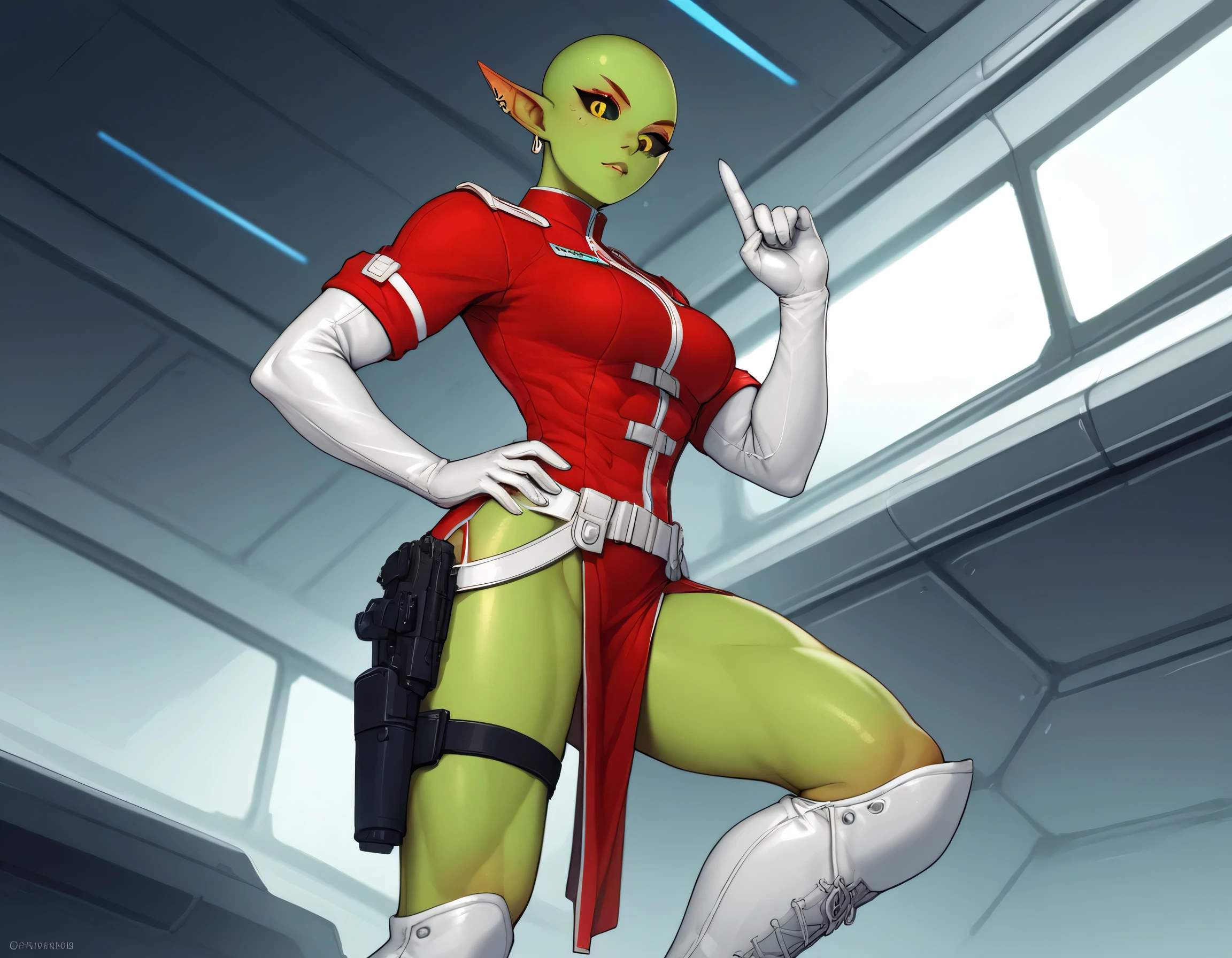 (((Solo))), score_9,score_8_up,score_7_up, alien girl, monster girl, slit pupils, yellow pupils, black sclera, green skin, pointy ears, bald, hourglass figure, (((1girl))), medium breasts, athletic, (((red sci-fi uniform with white accents))), (((red uniform))), (((white leather knee-high boots))), (((red side-slit thigh-length skirt))), cleavage cutout, ((((in a spaceship)))), tall, freckles on face, dommy mommy, terse expression, high cheekbones, standing by window, hairless, no eyebrows, no eyelashes, (((view of cosmos through window))), (((white leather elbow-length gloves))), dutch angle, small golden earrings in ear lobes, ((((no eyebrows)))), (((holster on left thigh))), (((one hand on hip))), glass space helmet, (((trigger discipline)))