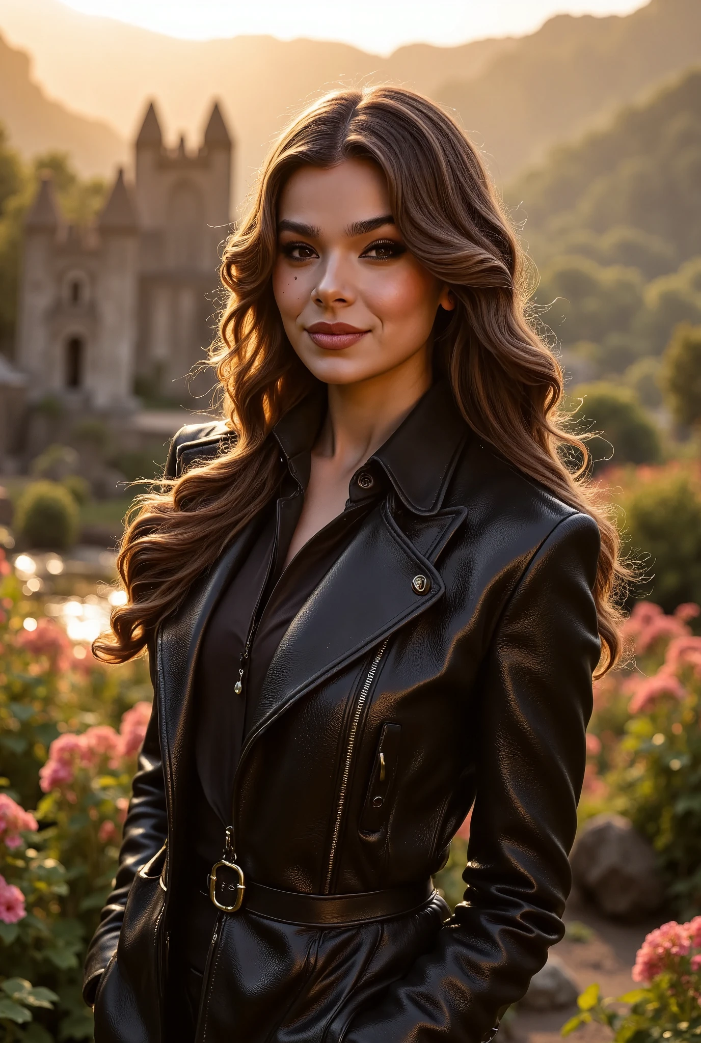 hailstnewv3, a gorgeous European woman, wavy brunette hair in the wind. she's a men magazine model, She has a subtle smile and flirts with the camera, (she wears leather shirt with a long wool sweater and pvc leggings:1.2),background landscape of Scotland Loch and Scottish castle ruins, (in sunset light:1.2),