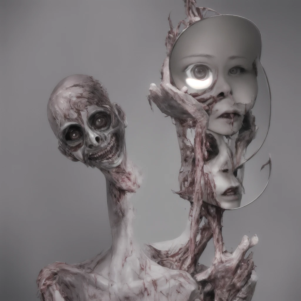  Loab...   image of a woman with a mirror and a mirror with a face on it, hyperrealistic nightmare scene, weird, body - horror, body-horror, creepy surrealism, creepy, s come to life, gory, horror, computer made out of human flesh, photorealistic, cinematic photography,cinematic portrait, cinematic lighting,portrait photography,Ultra realistic, ultra detailed 