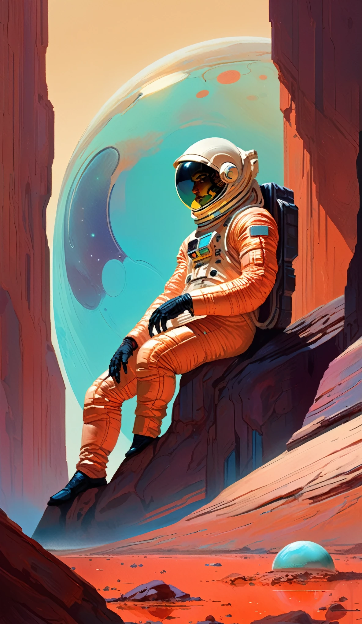 concept art by syd mead by James Gilleard
poster of 1scientist in space suit,
looking at viewer,
reflection,
 sitting on a rock of mars
Emphasize eerie atmosphere, high contrast, and interplay of shadow and light. Include colorful,
gothic horror 
[(details:1.2): [ (many small details:1.3) : [ (many ultrasmall details: 1.2):(very detailed ultrasmall edges and microrelief:1.5):0.7 ]: 0.4 ] :0.2]