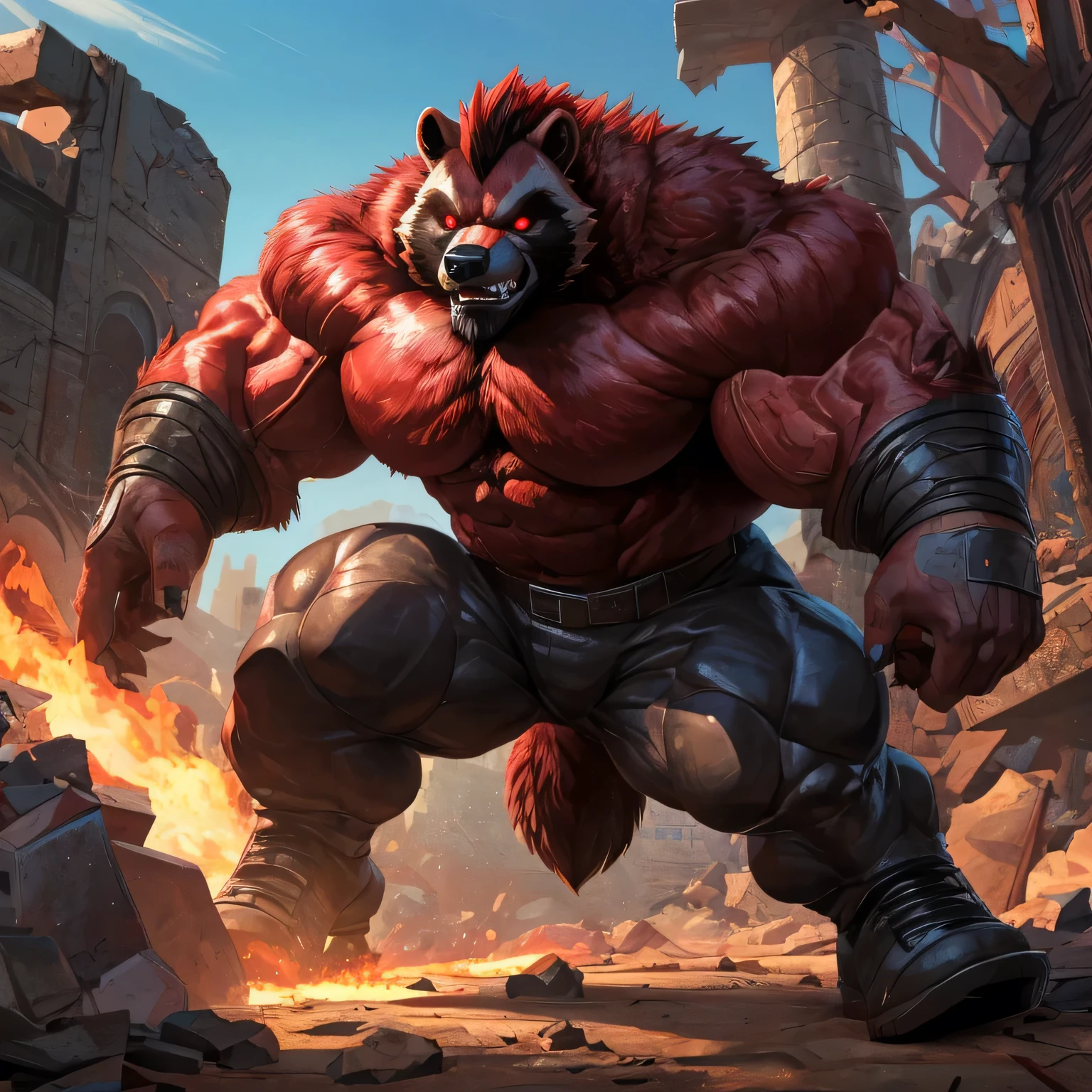 An anthropomorphic badass bodybuilder wolverine (realistic, detailed, aesthetic physique, american shot, aesthetic proportions, 1.5 meters tall, small, very oversized large thick muscles, very stocky, very strong body, aesthestic physique, very muscular, very massive muscles, oversized chest, broad body, oversized upperbody muscles, red body, wolverine head (wolverine head, grey thick full mustache, grey thick trimmed full long beard, grey thick mohawk hairstyle, red fur, bright red glowing eyes, very angry, enraged, aggresive, very angry, berserk furor) red fur, naked upperbody, wears a futuristic black armored pant, wears futuristic black boots, naked upperbody, ready to attack) standing, ready to attack, berserk furor, his muscles are growing big, in postapocalyptic abandoned ruins in the jungle.