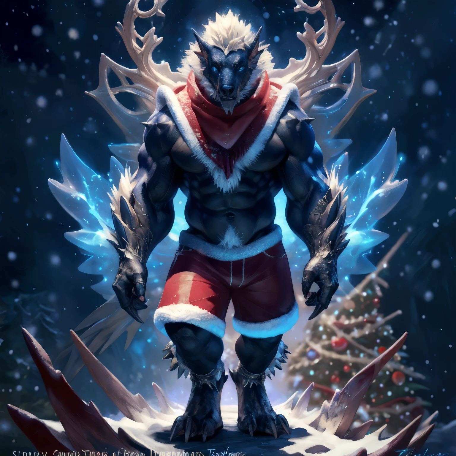 fantasy concept art of taran fiddler, anthro white zinogre siting under christmas tree, (detailed eye), footgear, blue eyes, (red scarf, red shorts, red christmas hat), magnificent, celestial, ethereal, painterly, epic, majestic, magical, fantasy art, cover art, dreamy  zinogre, or, stygian zinogre