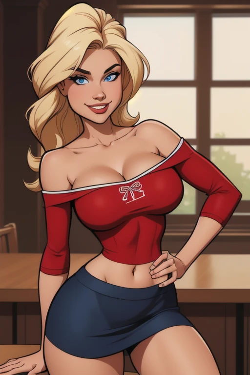 athletic woman, age 25, 8k (High definition), blue eyes, beautiful smiling, seducing gaze, wearing a sexy red cheerleader costume((with off-the-shoulder neckline)), black skirt, Caucasian skin, arms positioned at the side of the body, long straight light blonde hair ((at shoulder height)), standing hands on her hips, at the table ((upper body)), curvy, big round breasts, holding her cleavage in her hands. High-quality Marvel style, white backround.