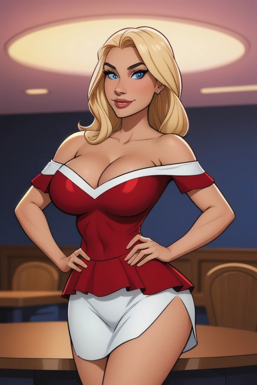 athletic woman, age 25, 8k (High definition), blue eyes, beautiful smiling, seducing gaze, wearing a sexy red cheerleader costume((with off-the-shoulder neckline)), black skirt, Caucasian skin, arms positioned at the side of the body, long straight light blonde hair ((at shoulder height)), standing hands on her hips, at the table ((upper body)), curvy, big round breasts, holding her cleavage in her hands. High-quality Marvel style, white backround.