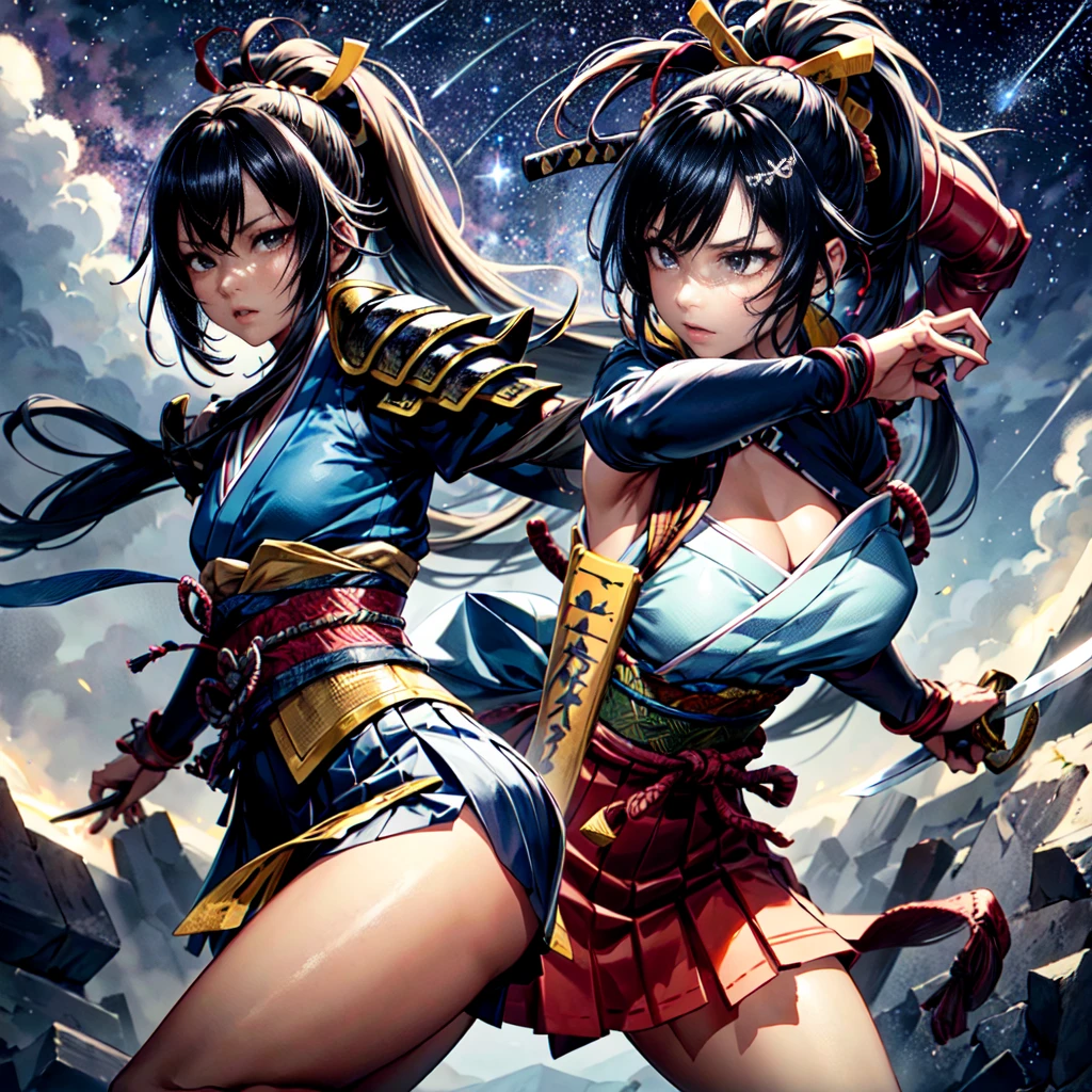 One girl, samurai,Japanese swords,Composition showing the whole Japanese sword  ,anime, Anatomically correct, A series of character actions, ponytail, masterpiece, Textured skin, Action Painting, Heavy makeup, Brown Skin, Perfect Face, Perfect Eyes, very small breasts, Very thin legs, chest armor, long skirt, alone, accurate, anatomically correct, Starry Sky, 