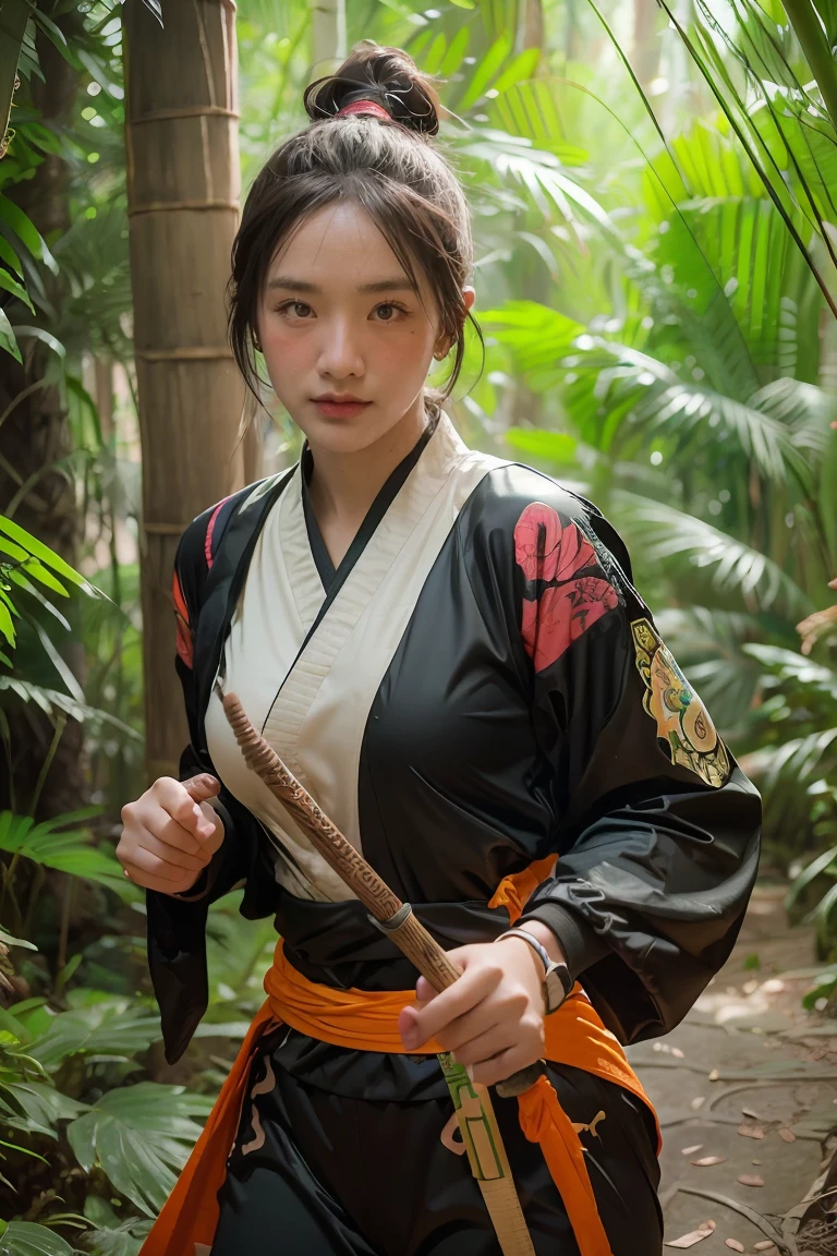 bamboo forest background，A look of determination，colorful vivid octane render, cybernetic and highly detailed, loba andrade from apex legends, created in unreal engine 5, made in unreal engine 5, trending on unreal engine 5, Antique portraits, Martial arts fantasy style 8k octane rendering, rendered in unreal 5, rendered in high octane