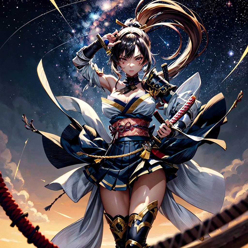 One girl, samurai,Japanese swords,Composition showing the whole Japanese sword  ,anime, Anatomically correct, A series of character actions, ponytail, masterpiece, Textured skin, Action Painting, Heavy makeup, Brown Skin, Perfect Face, Perfect Eyes, very small breasts, Very thin legs, chest armor, long skirt, alone, accurate, anatomically correct, Starry Sky, 