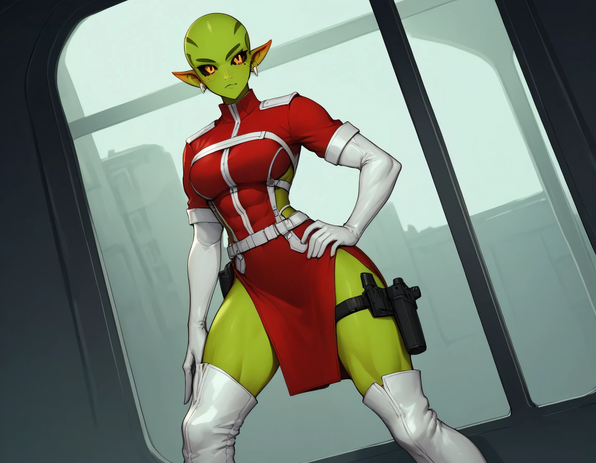 (((Solo))), score_9,score_8_up,score_7_up, alien girl, monster girl, slit pupils, yellow pupils, black sclera, green skin, pointy ears, bald, hourglass figure, (((1girl))), medium breasts, athletic, (((red sci-fi uniform with white accents))), (((red uniform))), (((white leather knee-high boots))), (((red side-slit thigh-length skirt))), cleavage cutout, ((((in a spaceship)))), tall, freckles on face, dommy mommy, tsundere expression, high cheekbones, standing by window, hairless, no eyebrows, no eyelashes, (((view of cosmos through window))), (((white leather elbow-length gloves))), dutch angle, small golden earrings in ear lobes, ((((no eyebrows)))), (((holster on left thigh))), (((one hand on hip))), (((trigger discipline)))