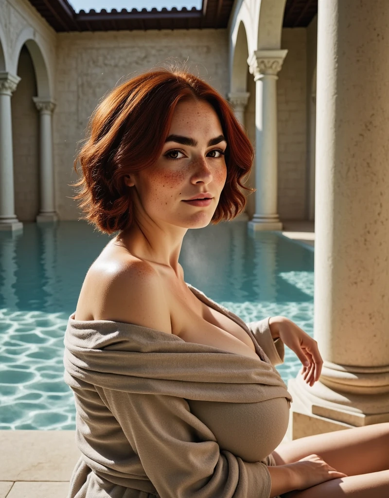 Photorealistic, cinematic style, picture of a beautiful British woman sitting in a rustic Turkish bath house. (Dynamic pose: 1.5), (slight smile). She has Brown eyes, downturned eye shape, light skin and freckles, reddish-brown hair, shag hairstyle .  She's wearing a linen robe wrapped around her. The room  is light, white marble columns, open to the outside, blue sky visible. Arched ceiling. Atmospheric, relaxed. perfect hand,HDR, intricate details ,