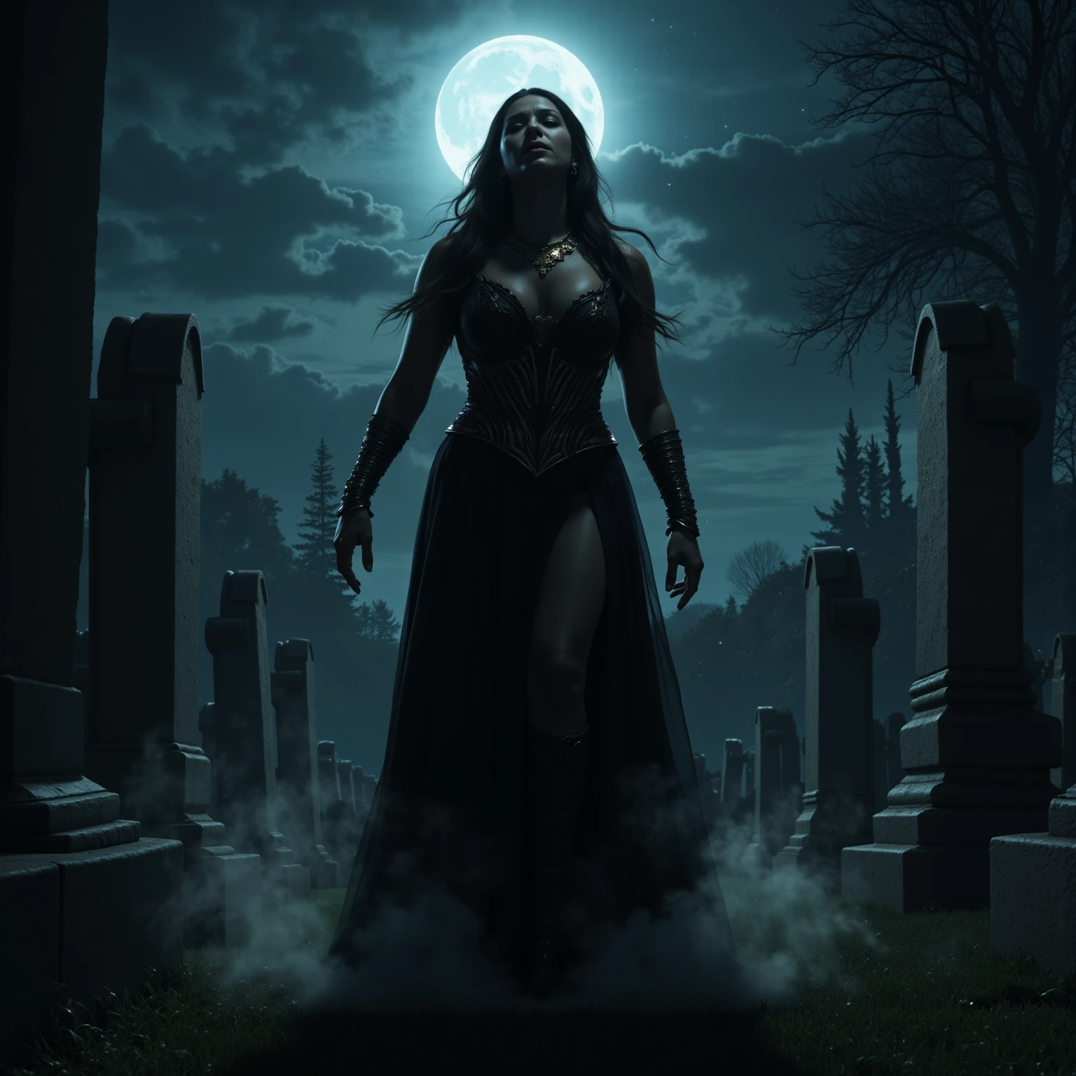 In a dimly lit, eerie cemetery at dusk, a ravishing female wizard stands tall, her intricate Wiccan makeup shimmering under the faint moonlight. Her large breasts are prominently displayed as she gazes defiantly at the snarling, hellish DEVIL SPAWN lurking before her. Sharp candlelight and shadows dance across the gravestones, casting an otherworldly glow on the scene. Ethereal mist swirls around her ankles, as if the very veil between worlds is thinning. The horizon stretches out in a panoramic vista of darkness, with the wizard's figure silhouetted against the malevolent forces gathering behind her. Captured with photorealistic precision using ray tracing and 8K resolution, this masterpiece of imagery commands attention, earning top honors at any award show.