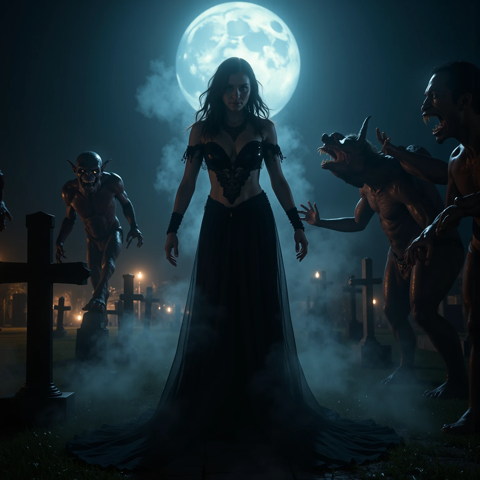 In a dimly lit, eerie cemetery at dusk, a ravishing female wizard stands tall, her intricate Wiccan makeup shimmering under the faint moonlight. Her large breasts are prominently displayed as she gazes defiantly at the snarling, hellish DEVIL SPAWN lurking before her. Sharp candlelight and shadows dance across the gravestones, casting an otherworldly glow on the scene. Ethereal mist swirls around her ankles, as if the very veil between worlds is thinning. The horizon stretches out in a panoramic vista of darkness, with the wizard's figure silhouetted against the malevolent forces gathering behind her. Captured with photorealistic precision using ray tracing and 8K resolution, this masterpiece of imagery commands attention, earning top honors at any award show.