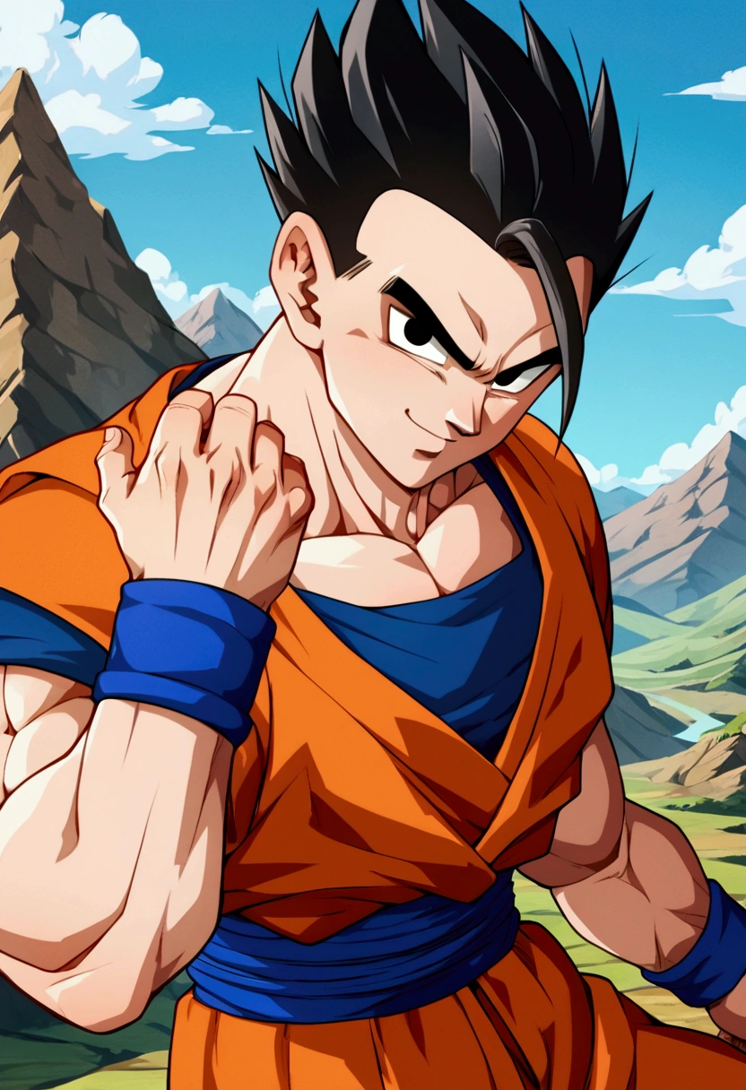 (score_9,score_8_up,score_7_up), source_anime,best quality,masterpiece,anime, wearing her orange outfit, with blue underneath, with a blue wristband on each wrist, spiky black hair and black eyes, with a distinctive lock falling over her forehead and a blue ribbon wrapping around her waist, mountain landscape, in a combat pose, slightly thin