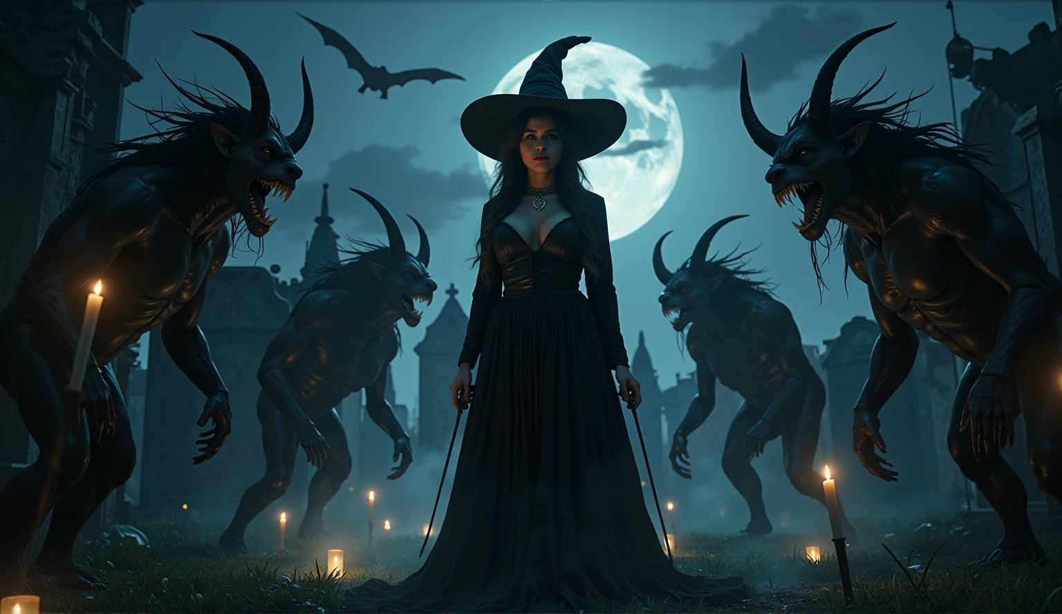 In a dimly lit, eerie cemetery at dusk, a ravishing female wizard stands tall, her intricate Wiccan makeup shimmering under the faint moonlight. Her large breasts are prominently displayed as she gazes defiantly at the snarling, hellish DEVIL SPAWN lurking before her. Sharp candlelight and shadows dance across the gravestones, casting an otherworldly glow on the scene. Ethereal mist swirls around her ankles, as if the very veil between worlds is thinning. The horizon stretches out in a panoramic vista of darkness, with the wizard's figure silhouetted against the malevolent forces gathering behind her. Captured with photorealistic precision using ray tracing and 8K resolution, this masterpiece of imagery commands attention, earning top honors at any award show.