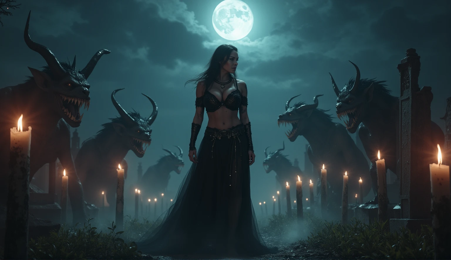 In a dimly lit, eerie cemetery at dusk, a ravishing female wizard stands tall, her intricate Wiccan makeup shimmering under the faint moonlight. Her large breasts are prominently displayed as she gazes defiantly at the snarling, hellish DEVIL SPAWN lurking before her. Sharp candlelight and shadows dance across the gravestones, casting an otherworldly glow on the scene. Ethereal mist swirls around her ankles, as if the very veil between worlds is thinning. The horizon stretches out in a panoramic vista of darkness, with the wizard's figure silhouetted against the malevolent forces gathering behind her. Captured with photorealistic precision using ray tracing and 8K resolution, this masterpiece of imagery commands attention, earning top honors at any award show.