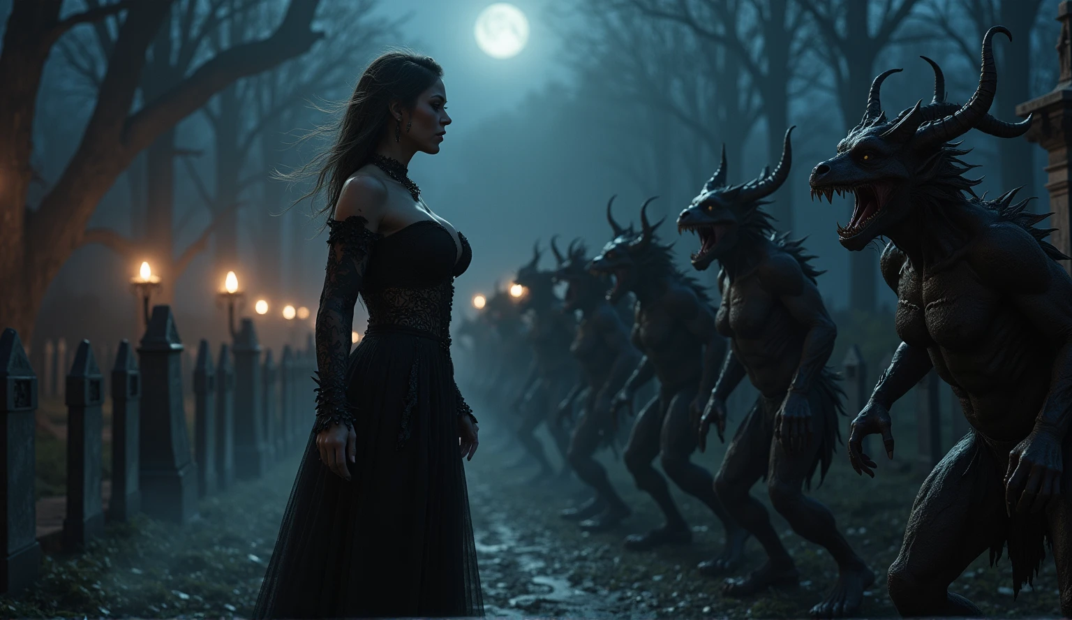 In a dimly lit, eerie cemetery at dusk, a ravishing female wizard stands tall, her intricate Wiccan makeup shimmering under the faint moonlight. Her large breasts are prominently displayed as she gazes defiantly at the snarling, hellish DEVIL SPAWN lurking before her. Sharp candlelight and shadows dance across the gravestones, casting an otherworldly glow on the scene. Ethereal mist swirls around her ankles, as if the very veil between worlds is thinning. The horizon stretches out in a panoramic vista of darkness, with the wizard's figure silhouetted against the malevolent forces gathering behind her. Captured with photorealistic precision using ray tracing and 8K resolution, this masterpiece of imagery commands attention, earning top honors at any award show.