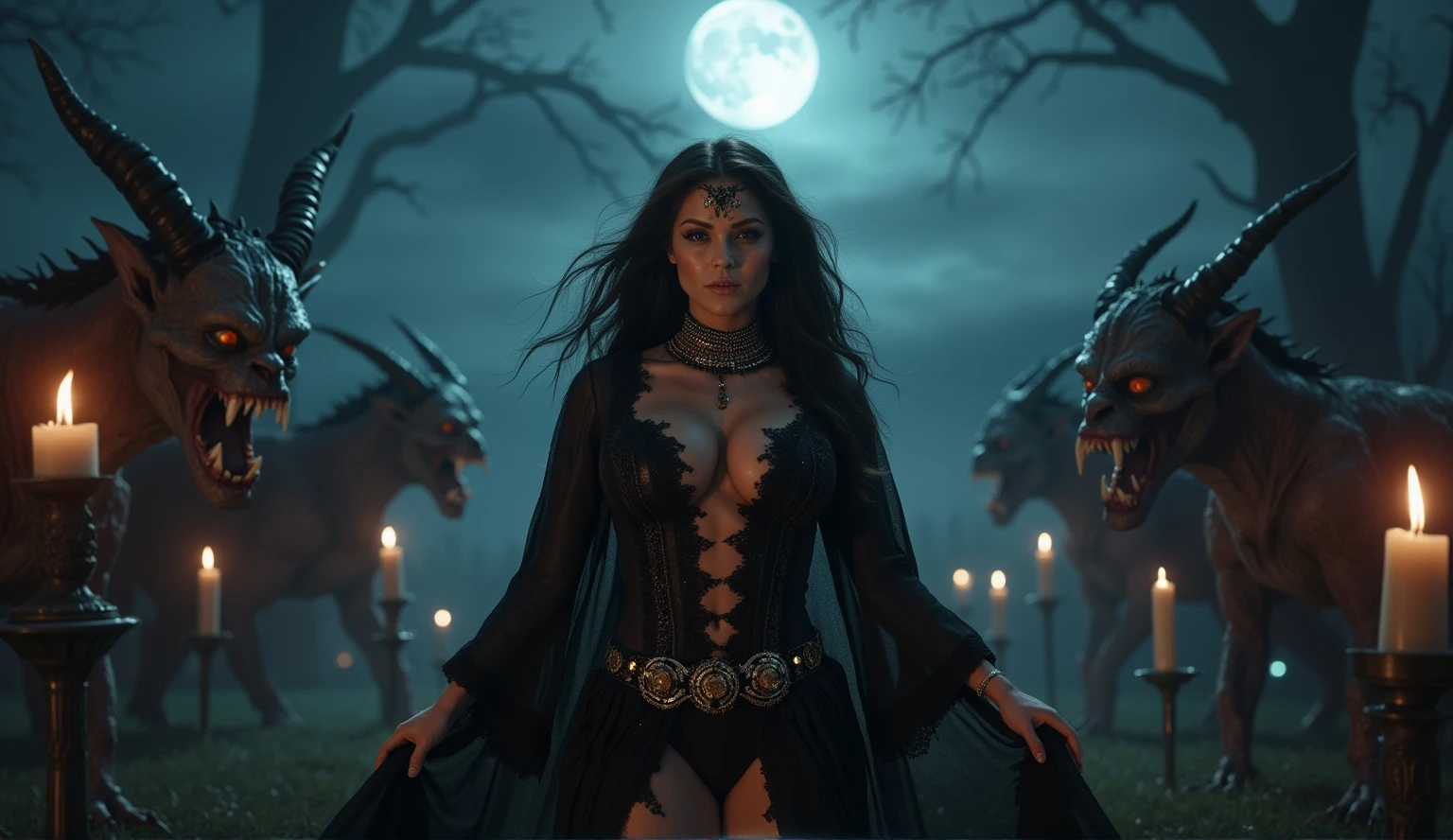 Female wizard, very detailed wizard, sexy, large breasts, Wiccan makeup. The hideous beasts looks very angry and ready to cause chaos, DEVIL SPAWN. Halloween, cemetery, candles, sharp light and shadows, night, etherial mist, moonlight, horizon, panorama, ray tracing, DSLR, UHD, 8k, photorealistic, masterpiece, award-winning