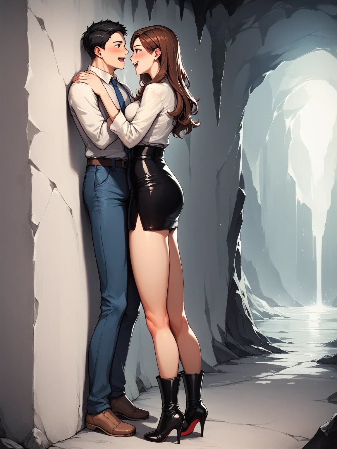 1boy, 1girl, looking at another, blush, eye contact, smile, standing, against wood, open mouth, thighs, full body, indoors, high heels, boots, hand on another's shoulder, 
brown hair, BREAK black hair, 
cave, 
,