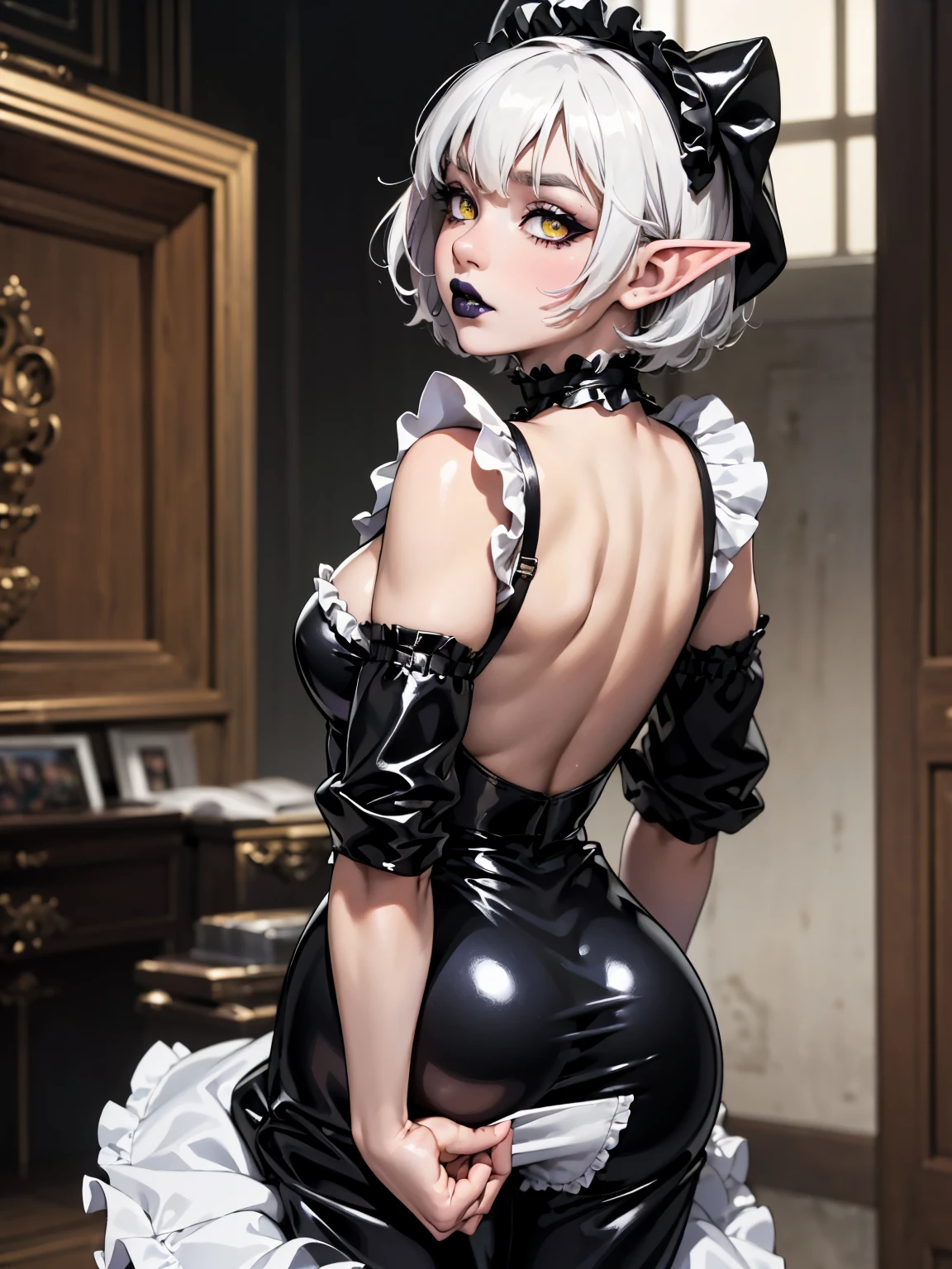 (best lighting) (best quality, masterpiece:1.2), (absurdres), wide portrait, alluring, ethereal, flirtatious, woman, ((very short, messy boyish, white hair), ((yellow eyes)), (detailed eyes), (elf ears), ((glossy, shiny, black lipstick)), ((maid outfit, frills, latex)), ((chocker)), high fashion, (thick, curvy) (bold yellow and back background), soft lighting, hazy, cinematic, t back, t-back