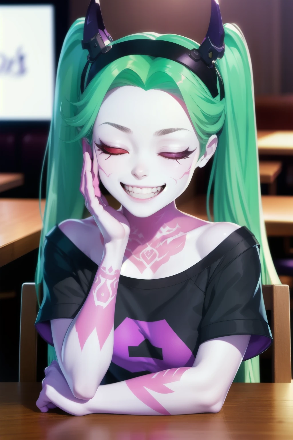 absurdres, highres, ultra detailed, rebecca, green hair, red sclera, pink tattoo, purple lips, twintails, hairband, headgear, black t-shirt, :3, grin, arm support, looking at viewer, hand on own cheek, closed eyes, table, restaurant, 