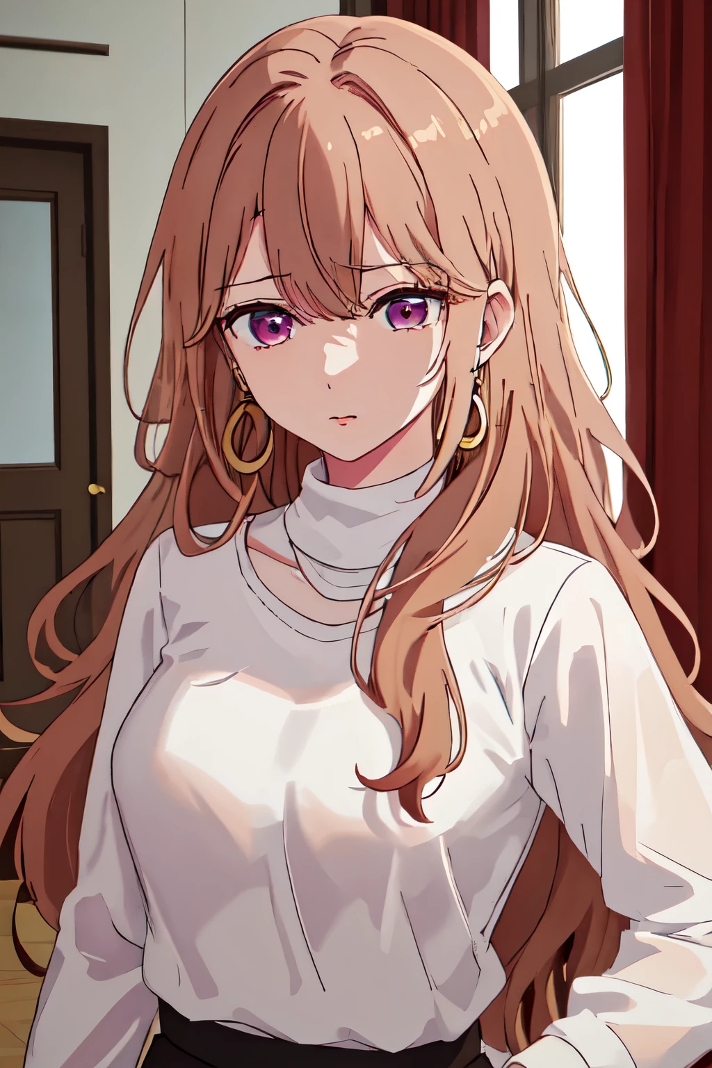  best quality, masterpiece,  High Resolution ,  alone, {Saito _Miyako_Oshinoko:1.15}, brown_hair, Bangs, Long_hair, earrings, Jewelry, hair_between_Eye, closure_Mouth, Purple_Eye, repeatedly_Girls, shirt, White_shirt, 2Girls,  alone_Key Points,  blonde_hair, Vague, Vague_prospect, indoor,  red_hair, superior_Body