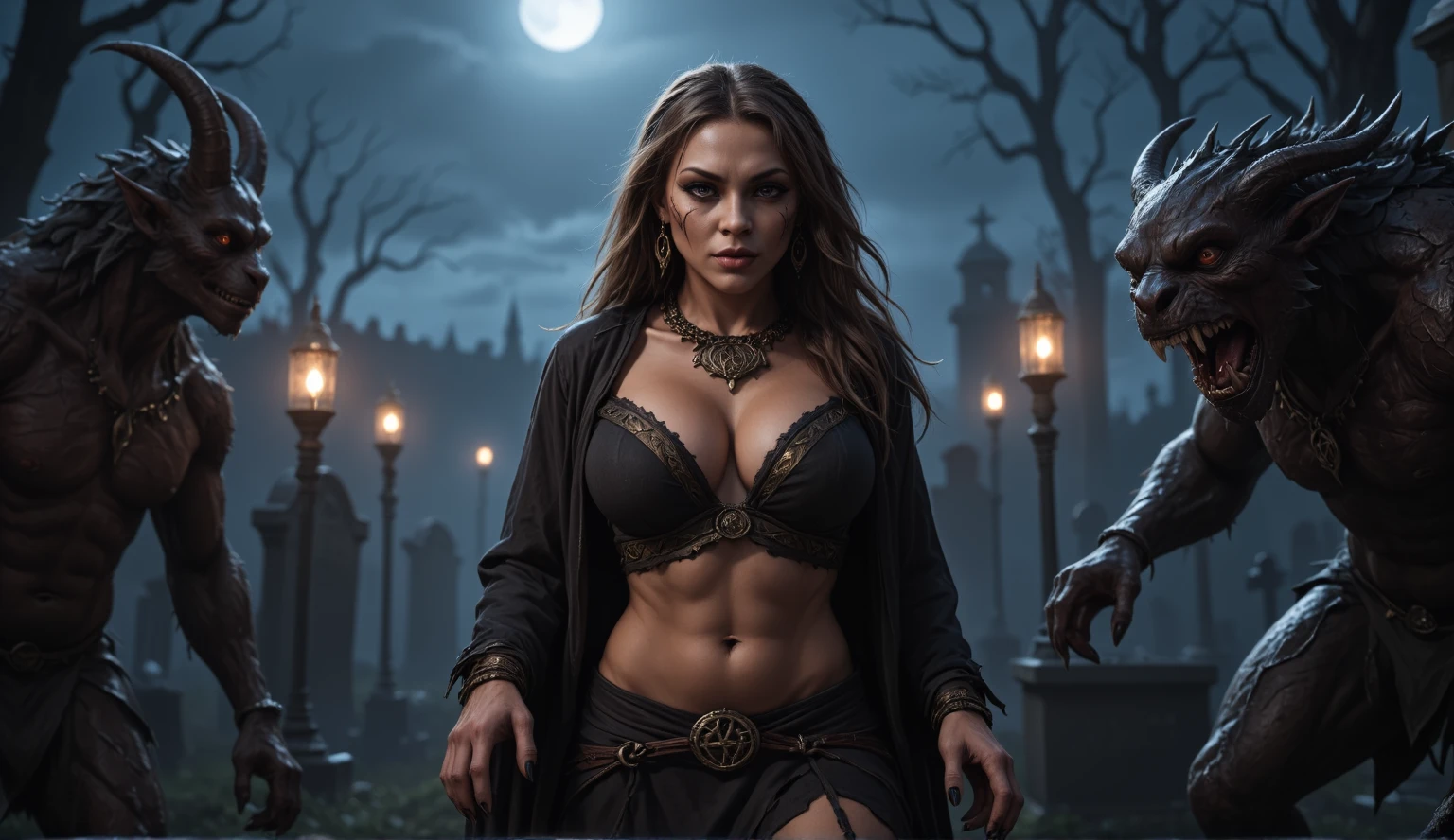 Female wizard, very detailed wizard, sexy, large breasts, Wiccan makeup. The hideous beasts looks very angry and ready to cause chaos, DEVIL SPAWN. Halloween, cemetery, candles, sharp light and shadows, night, etherial mist, moonlight, horizon, panorama, ray tracing, DSLR, UHD, 8k, photorealistic, masterpiece, award-winning