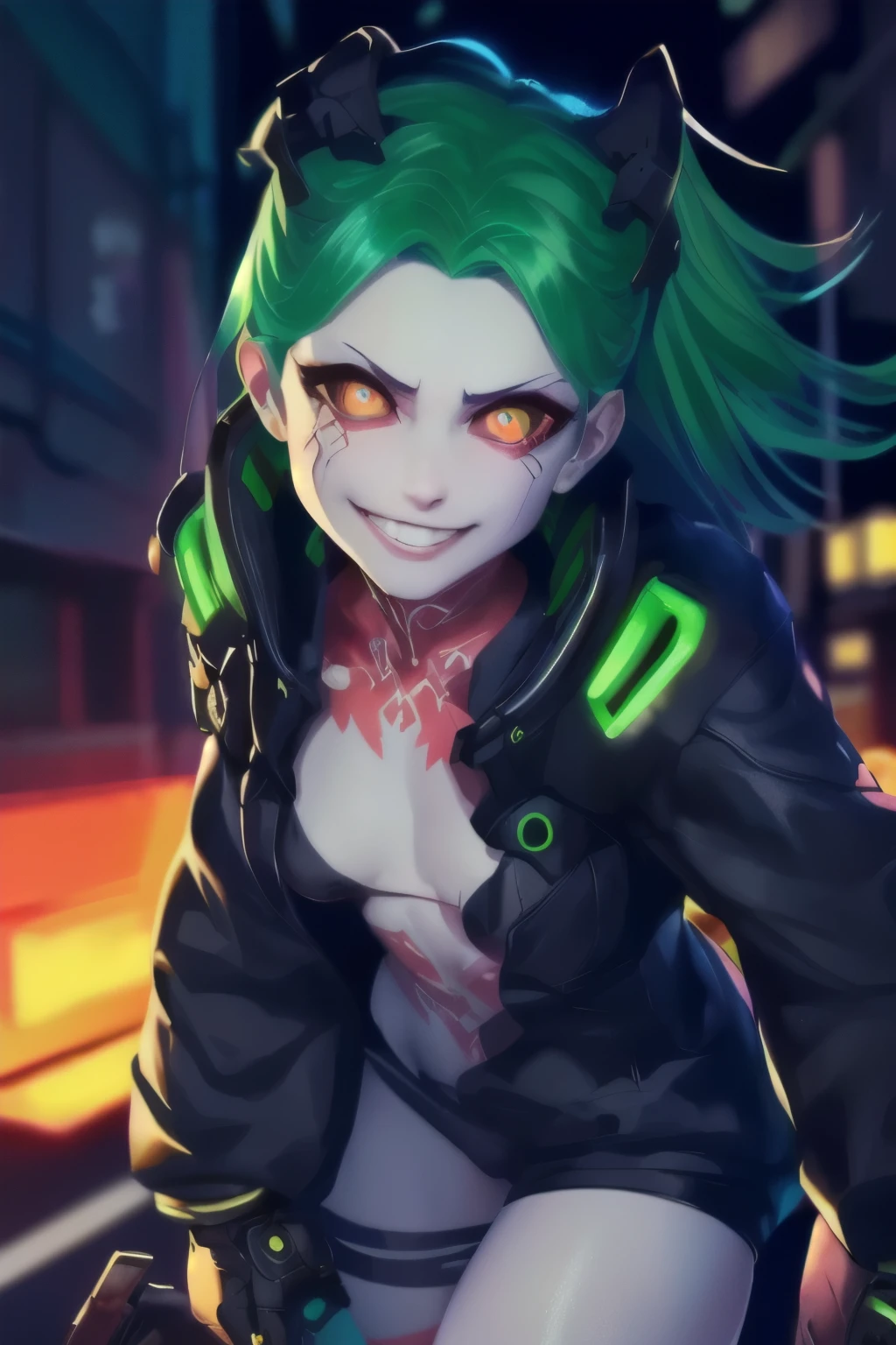 masterpiece, best quality, ultra-detailed, illustration, epic lighting, cinematic composition, 1girl, cute, red sclera,red pupils, cyborgunder, tattoo, green hair, colored skin, small breasts, black jacket, standing, legs apart, enchanting gaze, captivating pose, upper body:1.1, looking at viewer, smirk, closed mouth, outdoors, city, cyberpunk, neon lights, street, (night, dark, darkness, pitch black, shadows:1.4), (8k:1.1),  