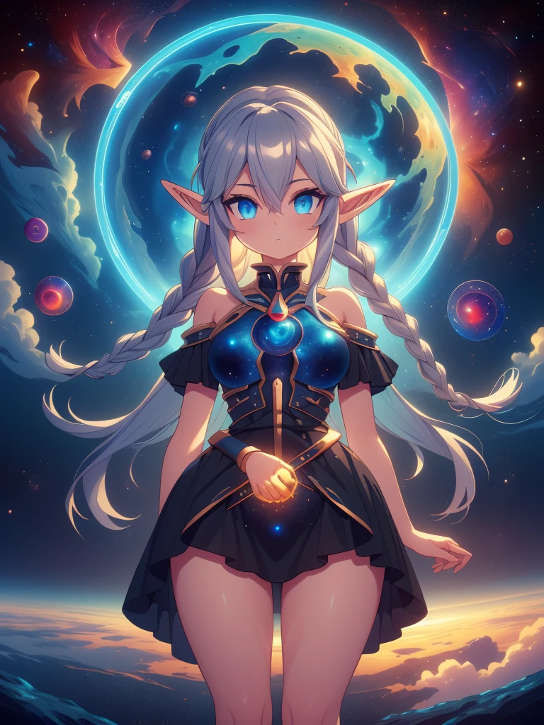 score_9, score_8, score_7_up, Masterpiece, Hyper detailed, Best quality, UHD, Ultra high resolution, (32K), (Point of view:1.5), (Random standing poses), (((3D))), ((Close up)), (1girl), ((Long black sci-fi dress made out of a nebula cloud)), Voluptuous, Sexy, Curvy waist, (Wide hips:1.3), (Slim waist:1.3), (Long elf ears:1.5), (Blue eyes, Longeyelashes), (Long silver braided hair), (Celestial being emerging from a big nebula in deep outer space:1.5), AGGA_ST009
