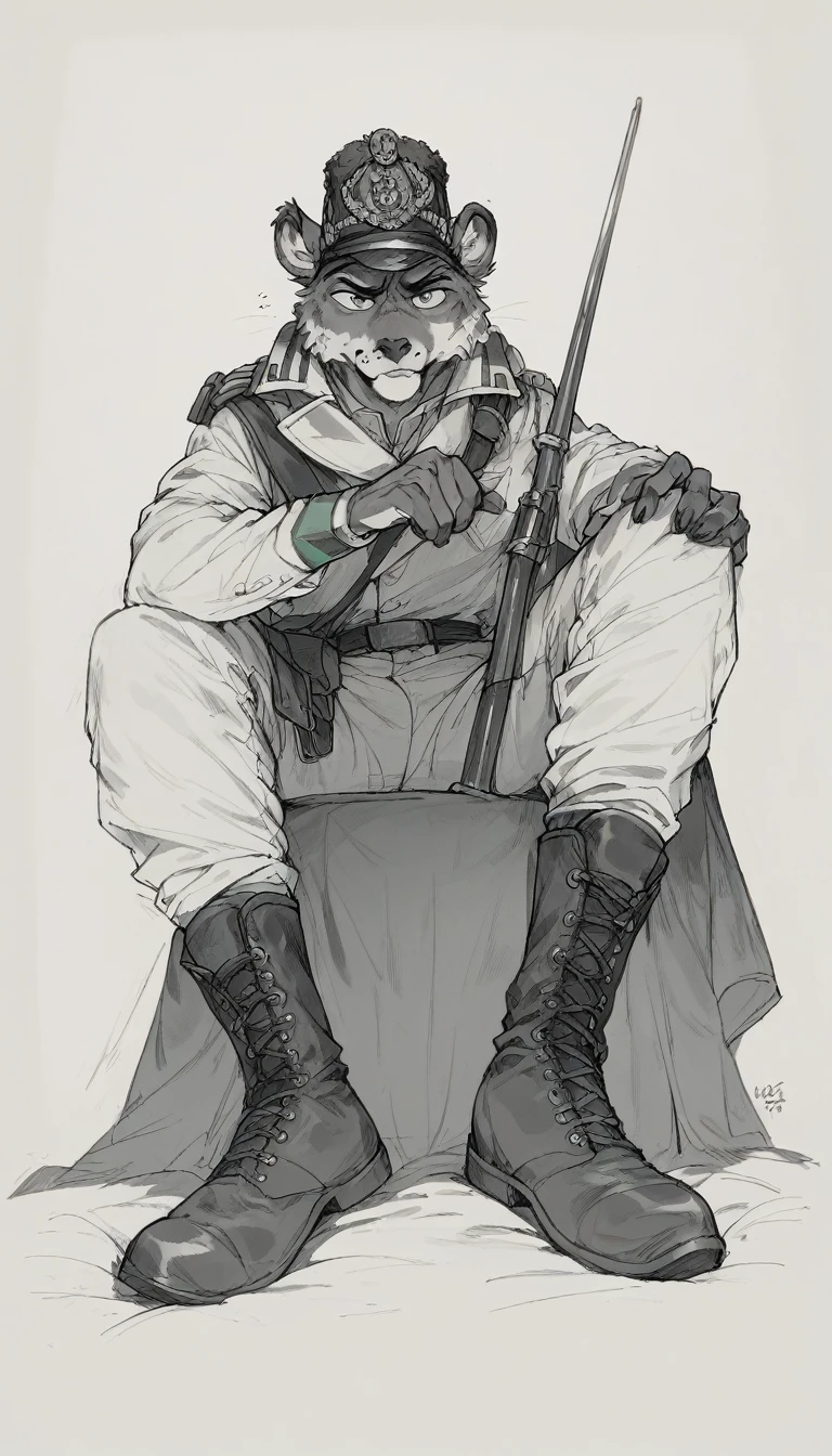 anthro furry military men, Low angle, long shoot, good face, The style of the artwork should resemble that of Jacques-Louis David, POV:stomping your face!, boots, sitting