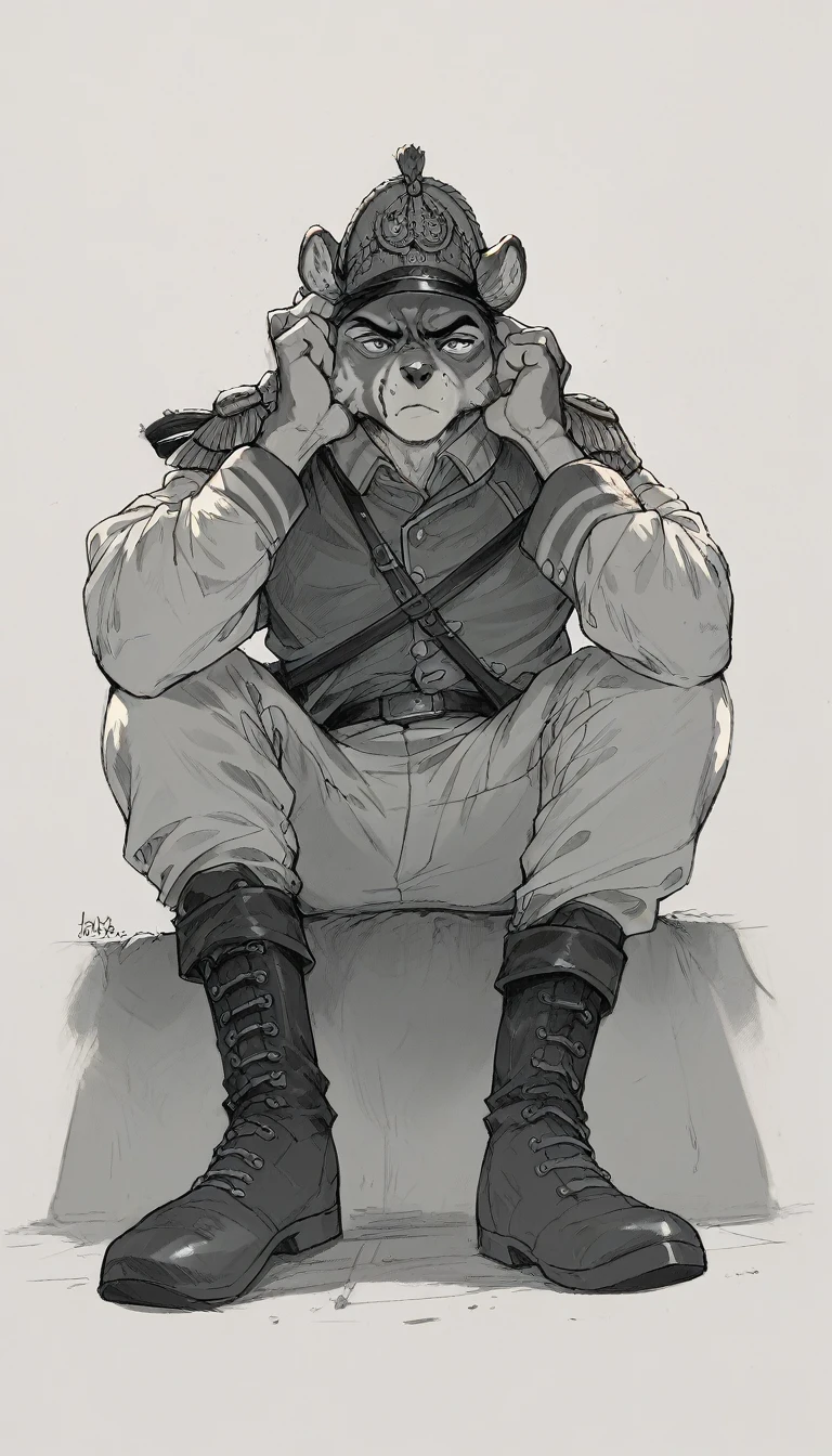 anthro furry military men, Low angle, long shoot, good face, The style of the artwork should resemble that of Jacques-Louis David, POV:stomping your face!, boots, sitting