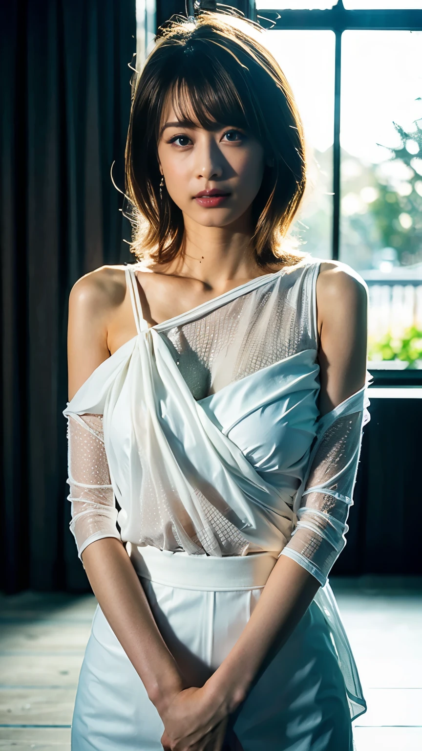 Browsing Caution, ((highest quality)), ((8k)), ((masterpiece:1.3)), (Perfect appearance), (Light realism:1.6), (Naked woman wrapped in thin transparent white sheets: 1.2), (Morning bedroom with the sun shining in), Japanese women, 30 years old, ((Realistic skin texture)), (skin texture: 1.3), (White skin: 1.1), (Moisturized Skin: 1.2), double eyelid, Lower eyelid tear trough, (Crying Mole: 0.9), The eyes are looking here, Gaze seriously., (Dimples: 1.2), Long Hair , (Long Wavy Hair), (Hair on the ears falls out), A tense look, medium Breasts, Clearer cleavage (Wrapped in transparent white cloth.: 1.6), (whole body: 1.4), Beautiful belly button, beautiful woman's face, 30 years old, short hair