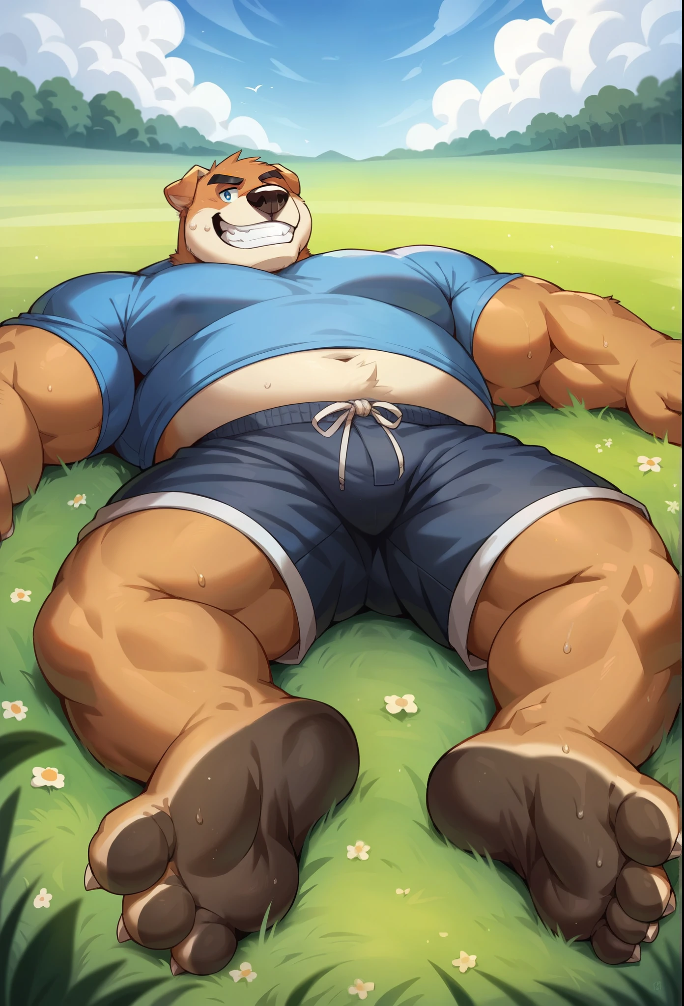 a cartoon of a yellow-orange lion shirtless, ((white cotton jockstrap)), large bulge in underwear, muscular!, male, lean muscle, ((pulling on underwear)), showing off, strong and imposing, large pectorals, lion furry, anthropomorphic, ((white loose football socks)), (no shoes), looking into underwear, smirking, sexy smirk, full body, 2boys, at home in living room, looking at you, trying to get your attention, handsome, afternoon, ((white backwards cap)), white nike socks, ((belly dad bod)), fat on stomach, happy trail, laying on couch, tired, relaxing, relaxed, tv on, full body, laying on side hand holding body up, white jockstrap and socks, ((no shoes)), smirking at you, grabbing underwear
