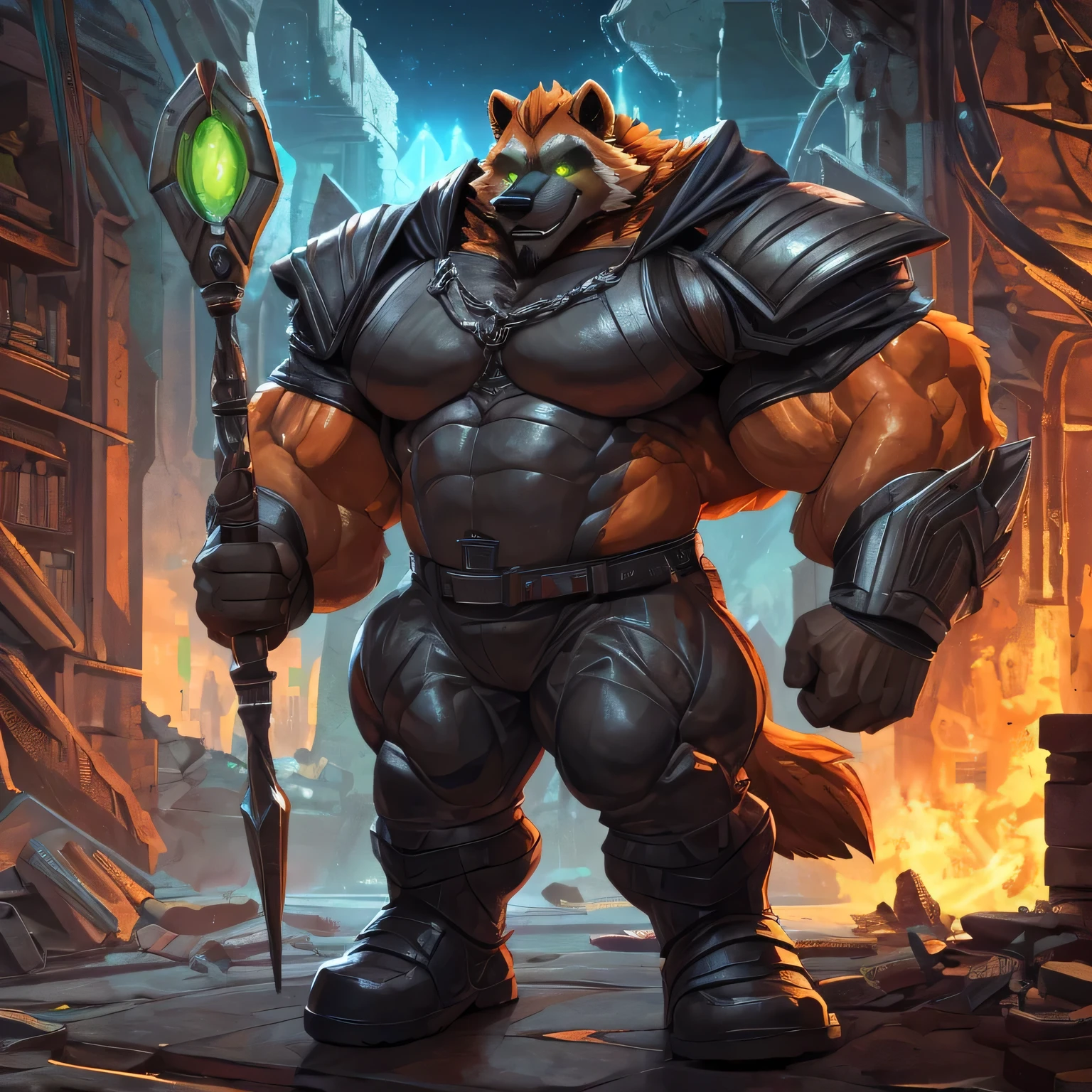 An anthropomorphic badass bodybuilder mage wolverine (realistic, detailed, aesthetic physique, american shot, aesthetic proportions, 1.5 meters tall, small, very oversized large thick massive, muscles, very stocky, very strong body, aesthestic physique, very muscular, very massive muscles, oversized chest, very broad shoulders, broad body, oversized upperbody muscles, orange body, wolverine head (wolverine head, black big mustache, black long beard, black thick mohawk hairstyle, orange fur, bright green glowing eyes) orange fur, naked upperbody,  wears a futuristic grey magic armor, wears a futuristic grey cape,wears a futuristic grey armored pant, wears futuristic black boots, wears a futuristic grey magic armor, holding a futuristic mage staff with his left hand in an abandonned library near futuristic ruins at night.