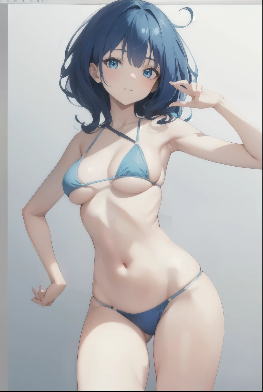 Yanami, (blue eyes:1.5), blue hair, blue bikini , smiling, full body, cute, blushing , wearing bikini, only bikini, standing 
BREAK looking at viewer
, classroom,
BREAK (masterpiece:1.2), best quality, high resolution, unity 8k wallpaper, (illustration:0.8), (beautiful detailed eyes:1.6), extremely detailed face and body and hair, young body, perfect lighting, extremely detailed CG, (perfect hands, perfect anatomy),