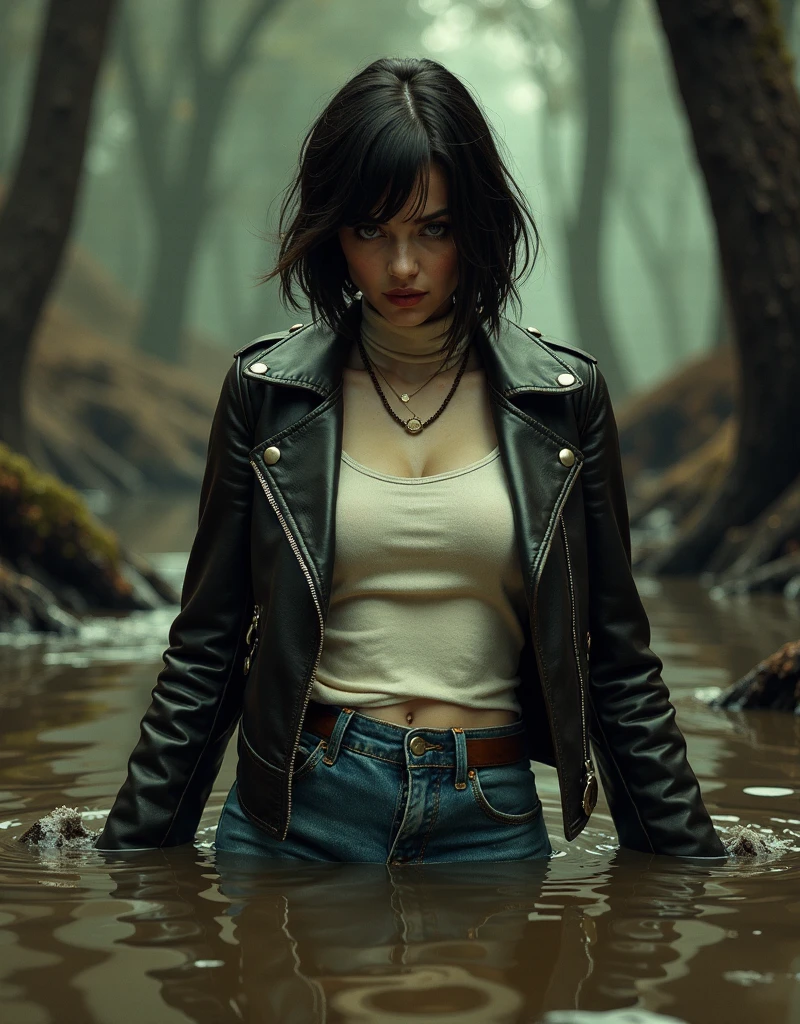 8 k,   hyper-detailed ,  fetishistic drama, social stigmatization , nymphomania illustration poster, masterpiece, vintage colors, capricious, noir,  woman completely drowned in a mud sticky swamp, expression of shame and sexual tension, Light turtleneck, faded leather jacket, tight washed dirty flared jeans, posing, mature bob-cut