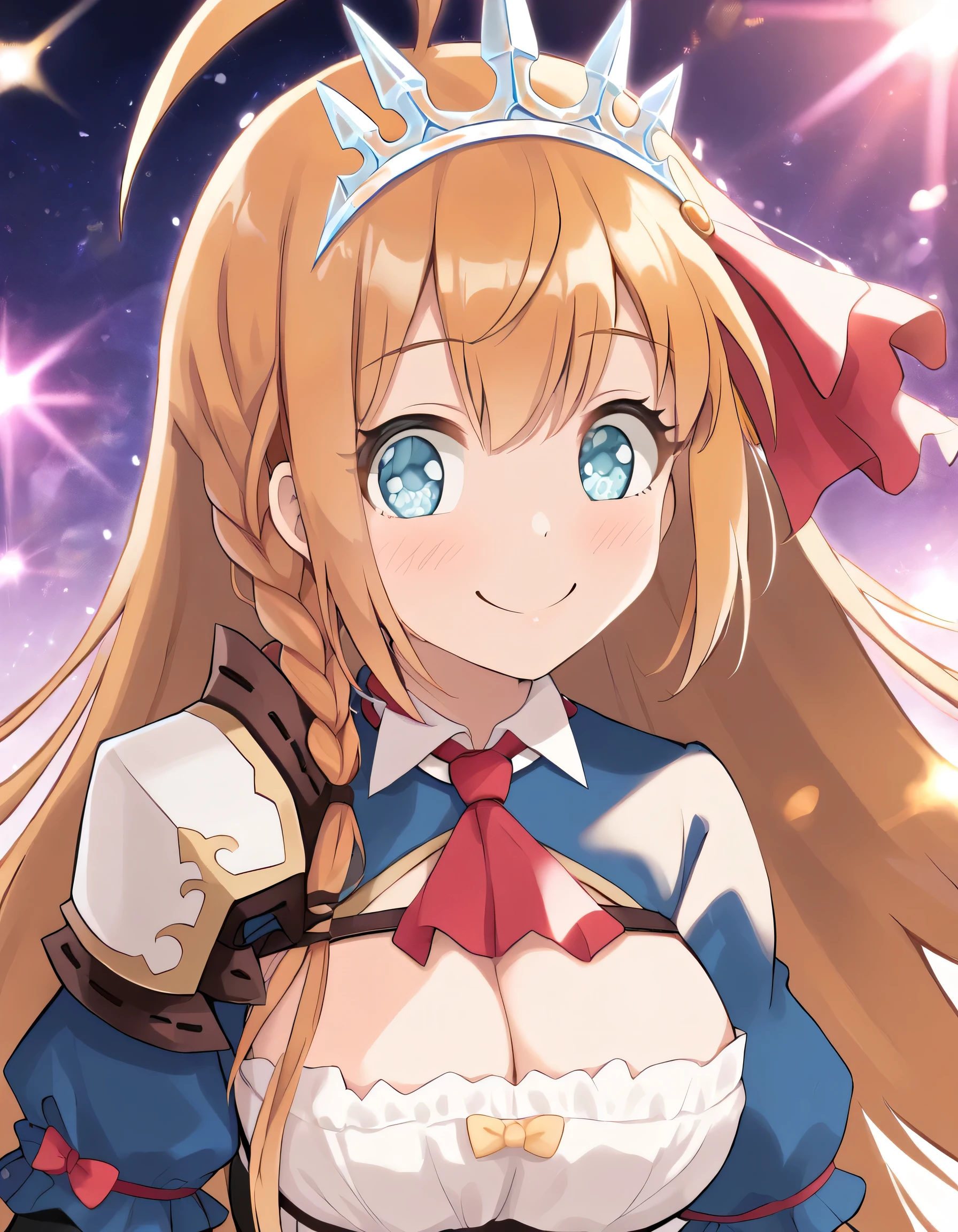 anime style, solo, head viewpoint, Pecorine, Princess Connect!, blue eyes, long hair, Orange hair, ahoge, Glazed eyes, happy smile, Volumetric light, Volumetric particles,