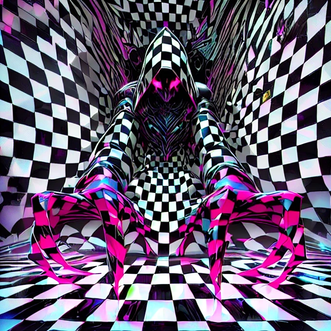 arafed image of a person in a hoodedie sitting on a checkered floor, nightmare digital art, scary color art in 4 k, hyperbeast design, 3d render digital art, 8 0 s checkerboard 6 6 6, surreal psychedelic design, digital art 4k unsettling, illusion psychedelic art, hooded figure surreal, digital art render, surreal chess