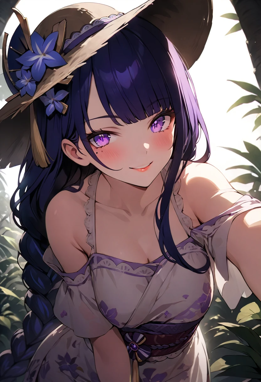 a girl in a tropical vacation outfit, a bright sundress with floral prints, a wide-brimmed hat, beautiful detailed eyes, beautiful detailed lips, extremely detailed face, long eyelashes, smiling, standing in a lush tropical garden, vibrant colors, warm lighting, cinematic lighting, highly detailed, 8k, best quality, masterpiece ,raiden shogun, braid, braided ponytail, hair flower, hair ornament, long hair, mole, mole under eye, purple eyes, purple flower, purple hair, single braid, sidelocks, mature female, whole body, dynamic pose
