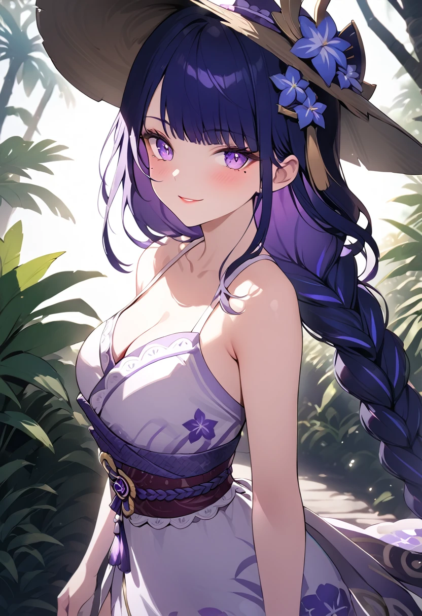 a girl in a tropical vacation outfit, a bright sundress with floral prints, a wide-brimmed hat, beautiful detailed eyes, beautiful detailed lips, extremely detailed face, long eyelashes, smiling, standing in a lush tropical garden, vibrant colors, warm lighting, cinematic lighting, highly detailed, 8k, best quality, masterpiece ,raiden shogun, braid, braided ponytail, hair flower, hair ornament, long hair, mole, mole under eye, purple eyes, purple flower, purple hair, single braid, sidelocks, mature female, whole body, dynamic pose
