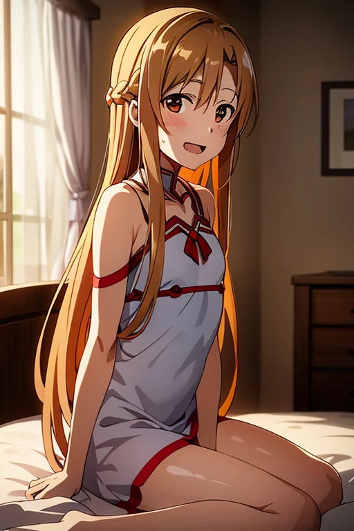 ((Best Quality)), ((masterpiece)), (be familiar with),  perfect face, indoor, bedroom,  watching viewers,
One woman, Yuuki Asuna,
 open mouth , Ecstatic expression, blush, smile,
Small breasts,  flat chest, , , child, Girl,
Long Hair,  long hair,
Leg spread,