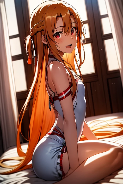 ((Best Quality)), ((masterpiece)), (be familiar with),  perfect face, indoor, bedroom,  watching viewers,
One woman, Yuuki Asuna,
 open mouth , Ecstatic expression, blush, smile,
Small breasts,  flat chest, , , child, Girl,
Long Hair,  long hair,
Leg spread,