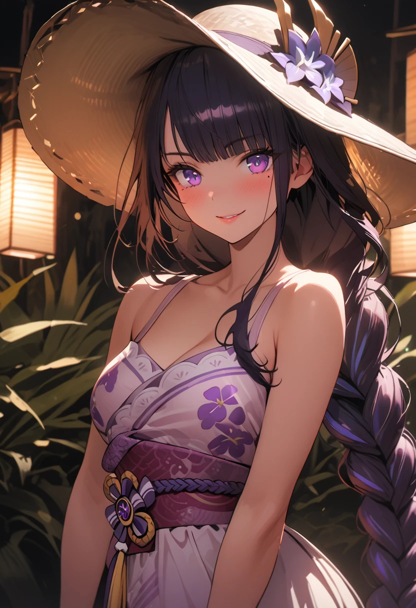 a girl in a tropical vacation outfit, a bright sundress with floral prints, a wide-brimmed hat, beautiful detailed eyes, beautiful detailed lips, extremely detailed face, long eyelashes, smiling, standing in a lush tropical garden, vibrant colors, warm lighting, cinematic lighting, highly detailed, 8k, best quality, masterpiece ,raiden shogun, braid, braided ponytail, hair flower, hair ornament, long hair, mole, mole under eye, purple eyes, purple flower, purple hair, single braid, sidelocks, mature female, whole body, dynamic pose
