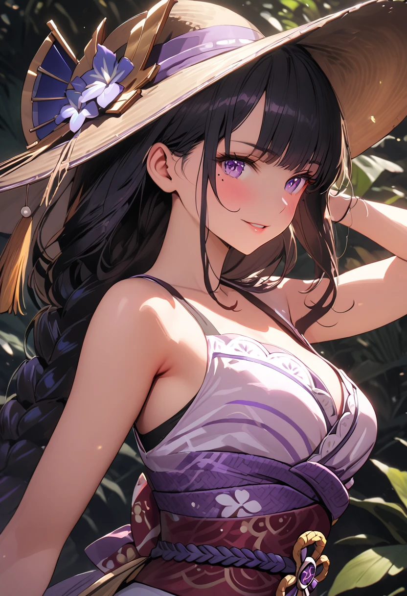 a girl in a tropical vacation outfit, a bright sundress with floral prints, a wide-brimmed hat, beautiful detailed eyes, beautiful detailed lips, extremely detailed face, long eyelashes, smiling, standing in a lush tropical garden, vibrant colors, warm lighting, cinematic lighting, highly detailed, 8k, best quality, masterpiece ,raiden shogun, braid, braided ponytail, hair flower, hair ornament, long hair, mole, mole under eye, purple eyes, purple flower, purple hair, single braid, sidelocks, mature female, whole body, dynamic pose
