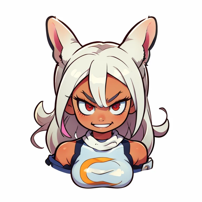 mirkomha, boku no hero academia, white hair, 1girl, long hair, uhd, 4k, face detail, eyes detail, only_head, head_only, white background, solo, angry face expression, kawaii, chibi, upper body, circle frame, (crazy smile, crazy face, showing teeths,) vivid colors, tan skin, rabbit ears, bare shoulders, mirko, dark_skin, leotard, rabbit_girl, kneehighs, red_eyes, white background, red eyes, big smile,