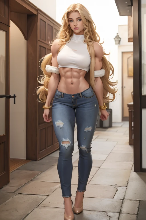 stunningly beautiful 20 yo woman, long blonde curly hair, sexy attractive woman, short fur jacket, bare midriff, jeans pants, sixpack abs, strong well defined muscle, lean powerful bodybuilder physique, perfect and flawless musculature, great muscle definition, gigantic massive and bulging physique, very broad round hips, small firm breasts