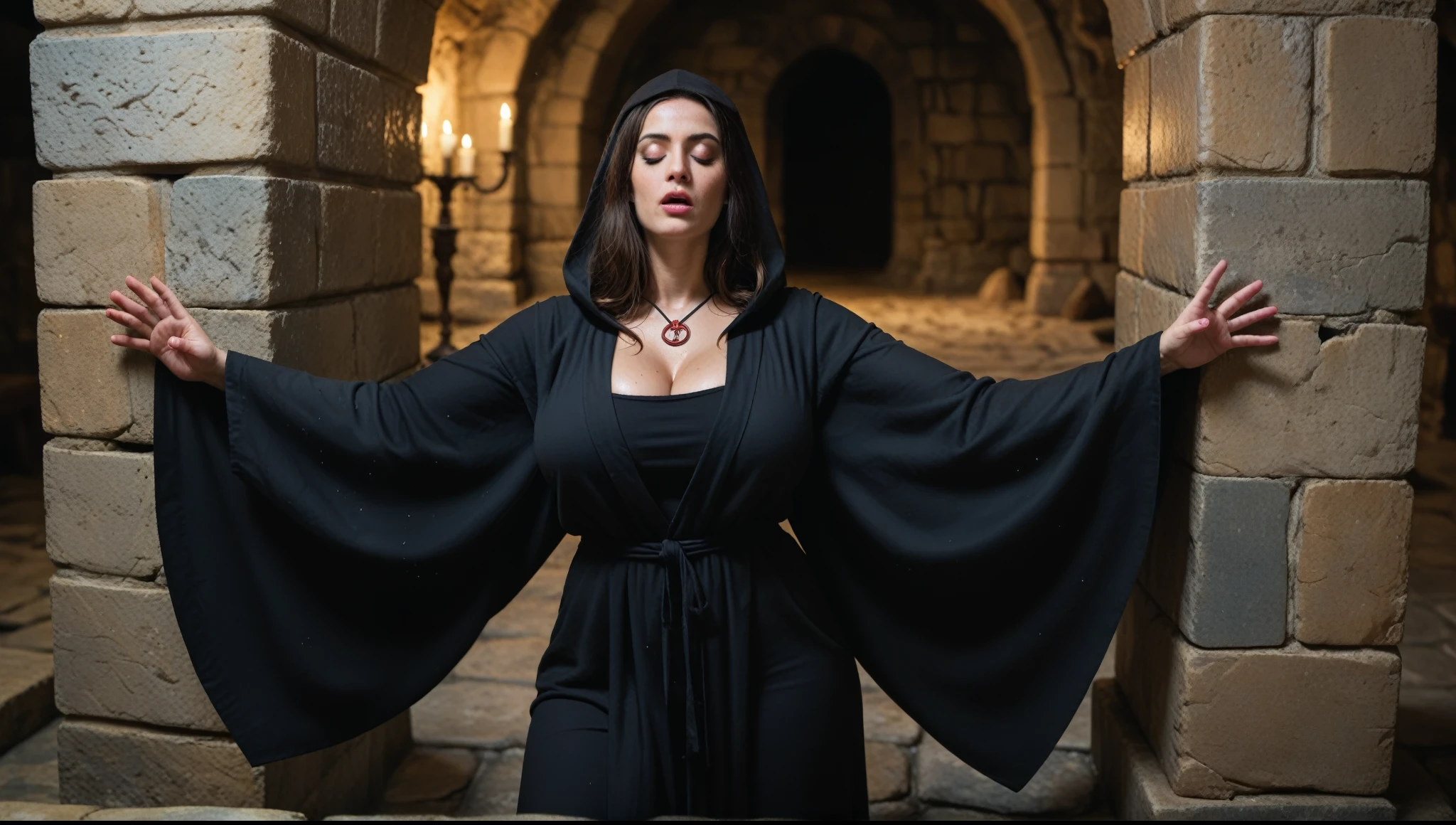 Masterpiece portrayal, masterpiece photography, mid-aged 40yo woman. dressed in long black robe, closed eyes, reciting, conjuring, summoning, spell casting. plunging neckline, huge breasts, cleavage apparels, slim body, dressed in a long detailed black hooded tunic robe, ((wide open neckline)). standing in front of an ancient stone altar, inside a dark wet stone cave, reverence, conjuring and summoning, arms raised in worship. Detailed dark cave surroundings. (shallow depth of field)), best quality, high resolution, extreme detail, outstanding composition, masterpiece