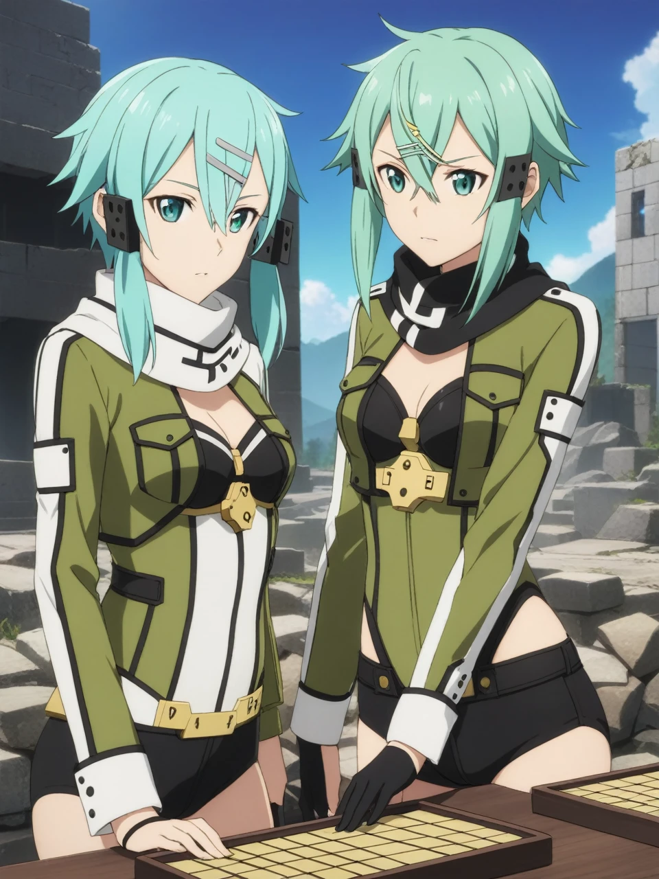 sinonggo, aqua eyes, short hair, aqua hair, sidelocks, hair between eyes, hairclip, hair ornament, green jacket, leotard, scarf, black shorts, gloves, long sleeves, medium breasts,
BREAK
in living, ruins, depth of field, cinematic, game cg, anime screencap, official art, masterpiece, best quality,(((A fierce game of shogi is being played)))
(((cloned face)))
(((similar identical twins)))
All the girls have the exact same face, The two have the same face and figure, as if they were mirror images